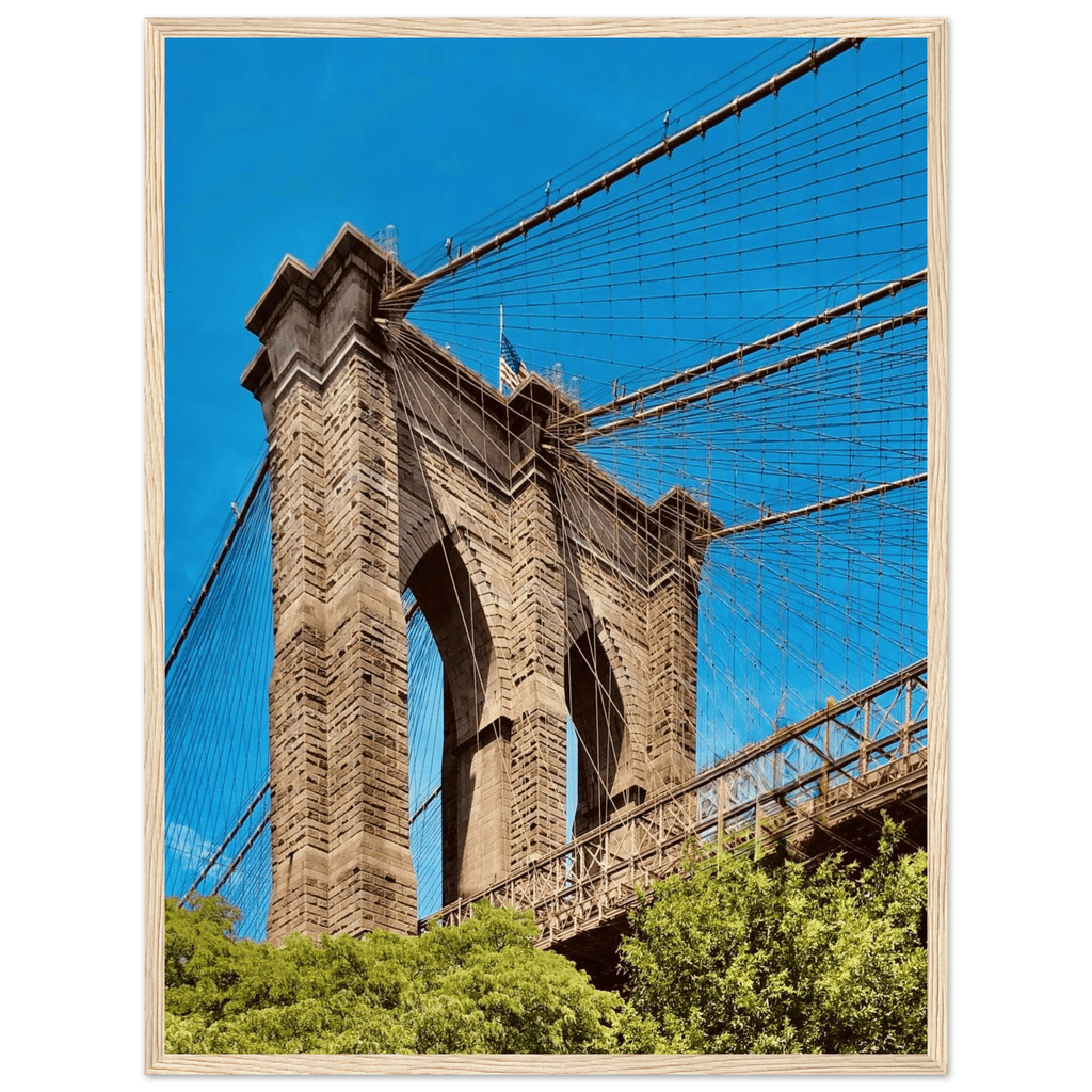Framed NYC Brooklyn Bridge poster featuring a Dumbo view, 15x20 cm print with white frame from the Travel Collection.