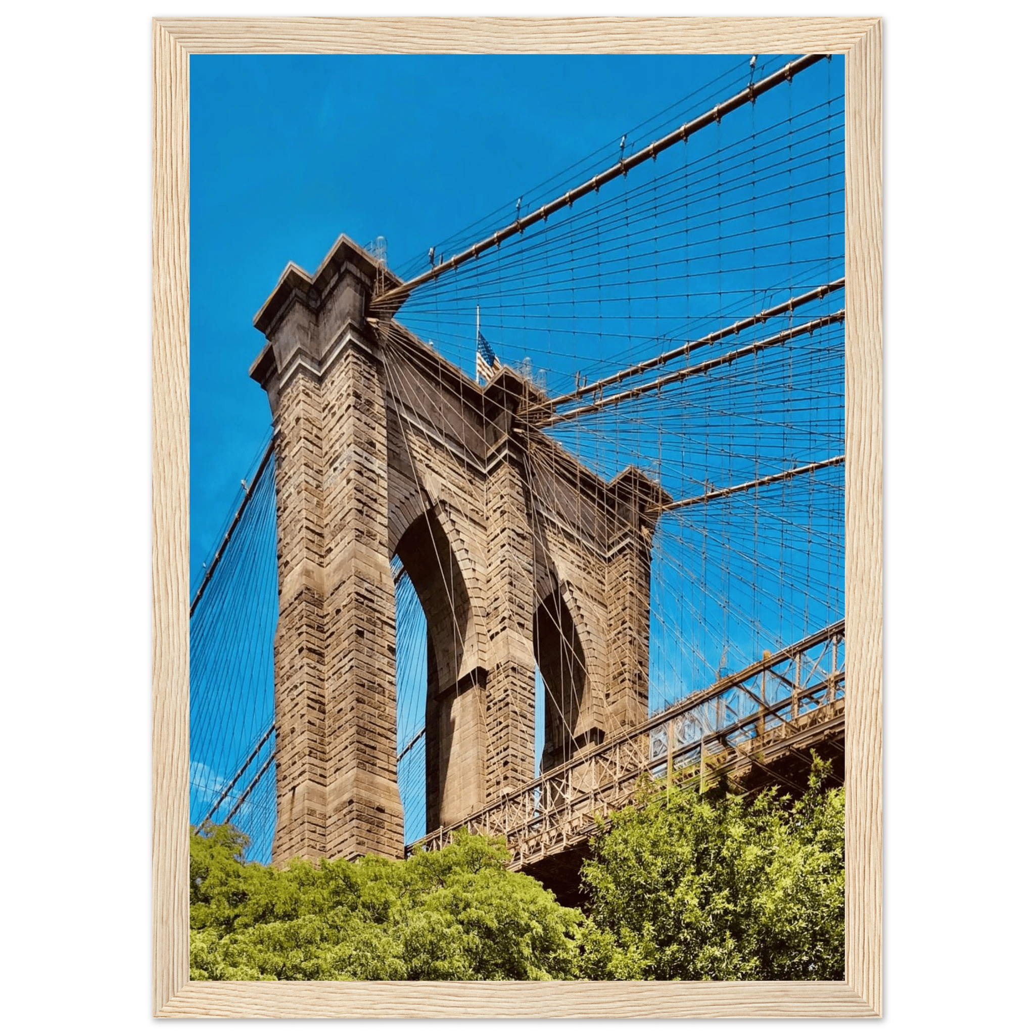 Framed NYC Brooklyn Bridge poster featuring a stunning Dumbo view, part of the Travel Collection studio edition, ideal for wall decor.