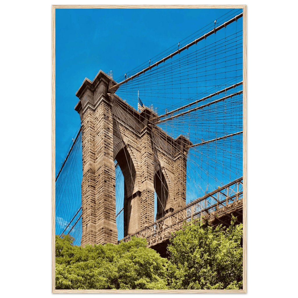 Framed NYC Brooklyn Bridge poster featuring a Dumbo view, 15x20 cm print with white frame, part of the Studio Edition Travel Collection.