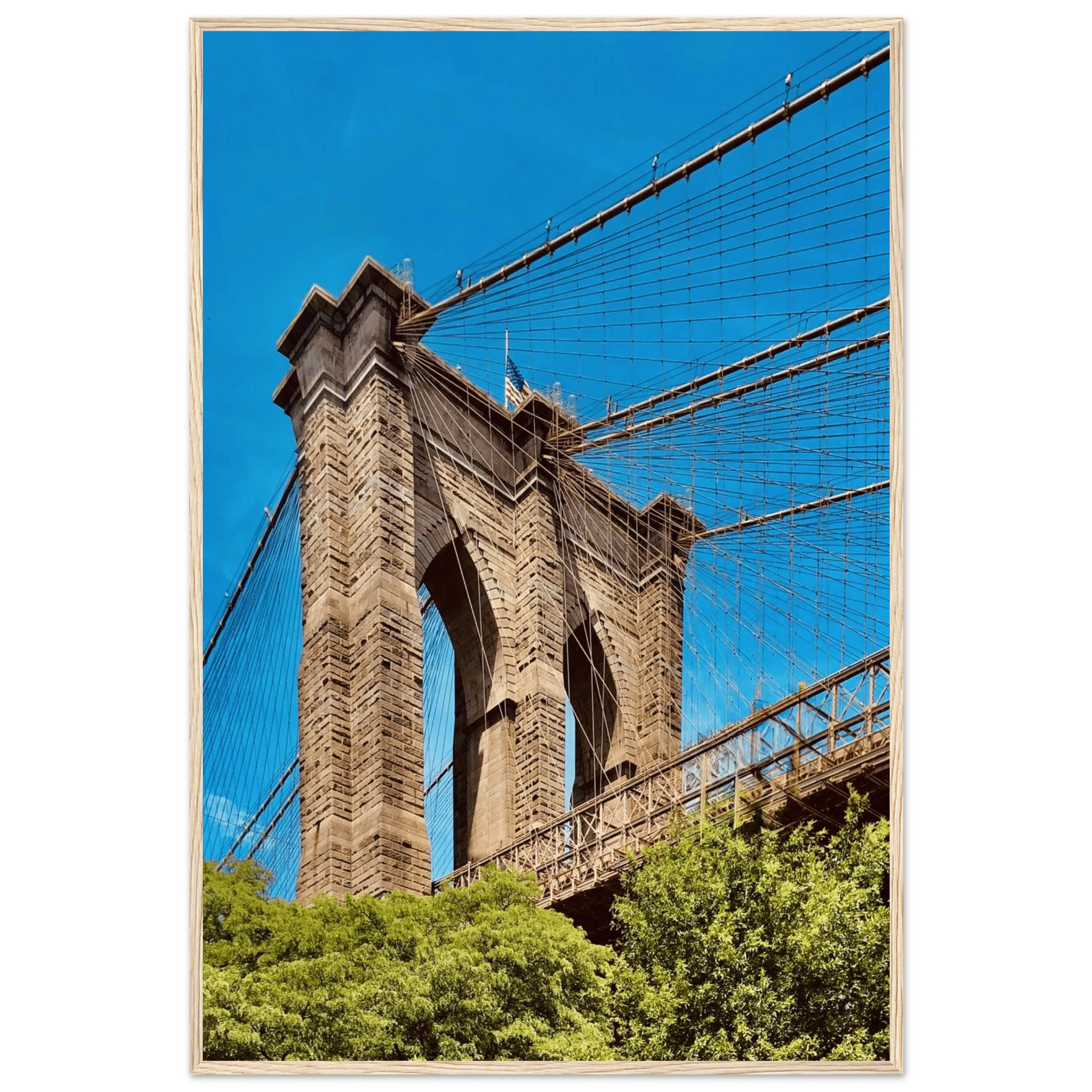 Framed NYC Brooklyn Bridge poster featuring a Dumbo view, 15x20 cm print with white frame, part of the Studio Edition Travel Collection.