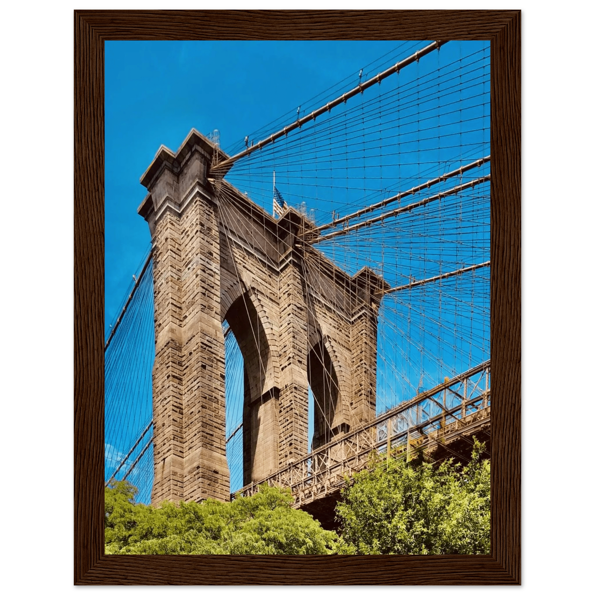 Framed NYC Brooklyn Bridge poster featuring a stunning Dumbo view, part of the Travel Collection Studio Edition, for year-round summer vibes.