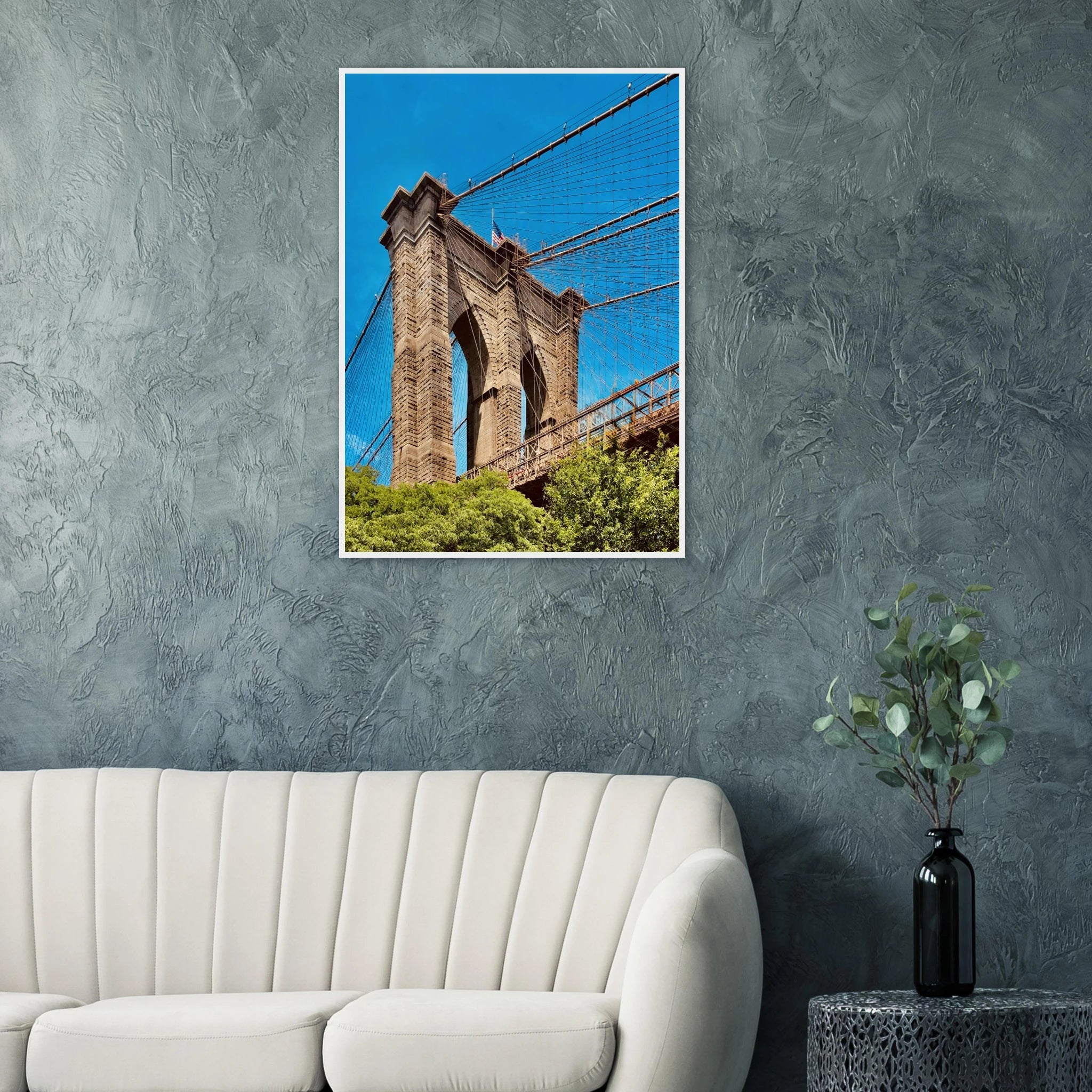 Framed NYC Brooklyn Bridge poster with Dumbo view, 15x20 cm print on white frame, part of the Travel Collection.
