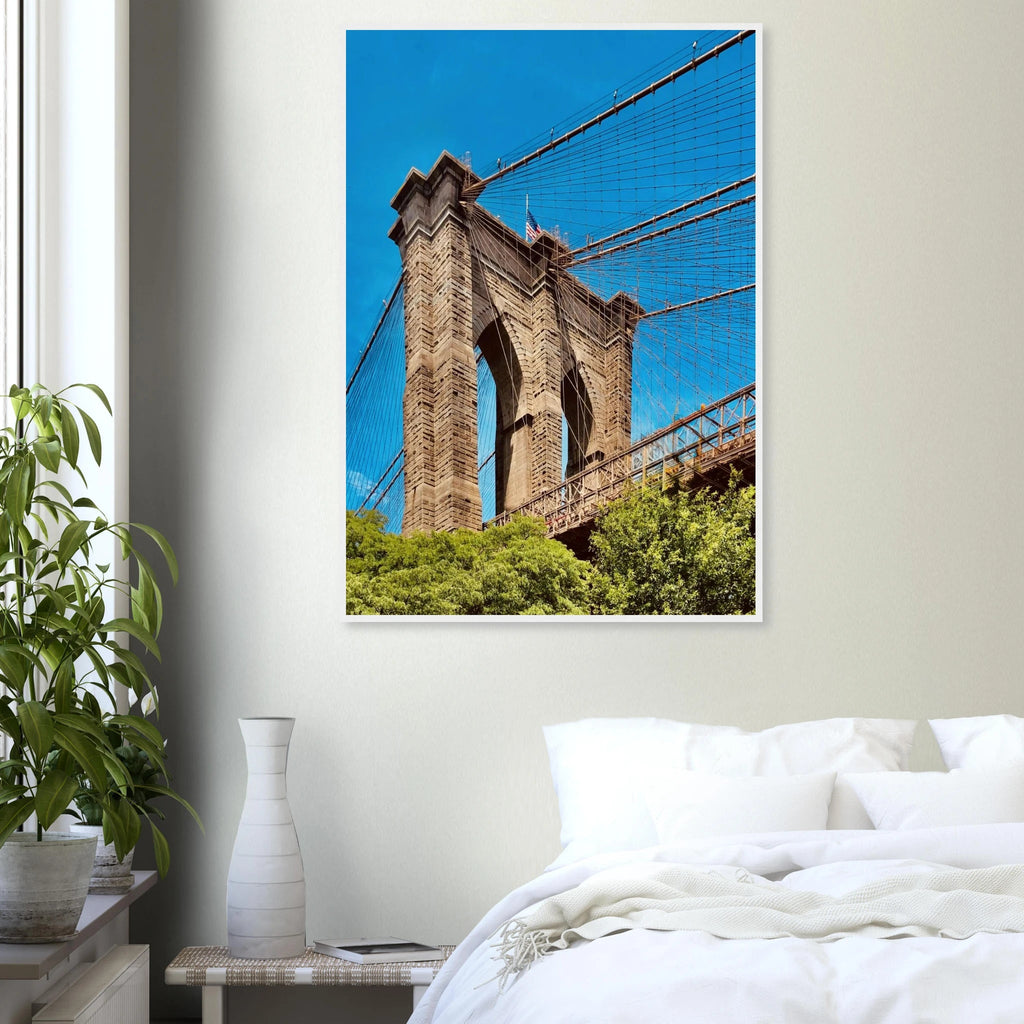 Framed NYC Brooklyn Bridge poster showcasing Dumbo view, 15x20 cm print with white frame, part of travel collection.