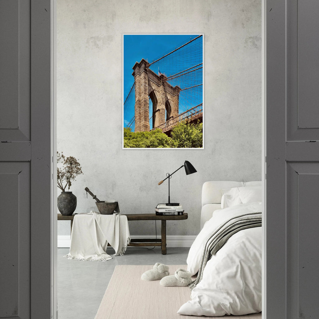 Framed NYC Brooklyn Bridge poster featuring a stunning Dumbo view, 15x20 cm print with white frame, part of travel collection.