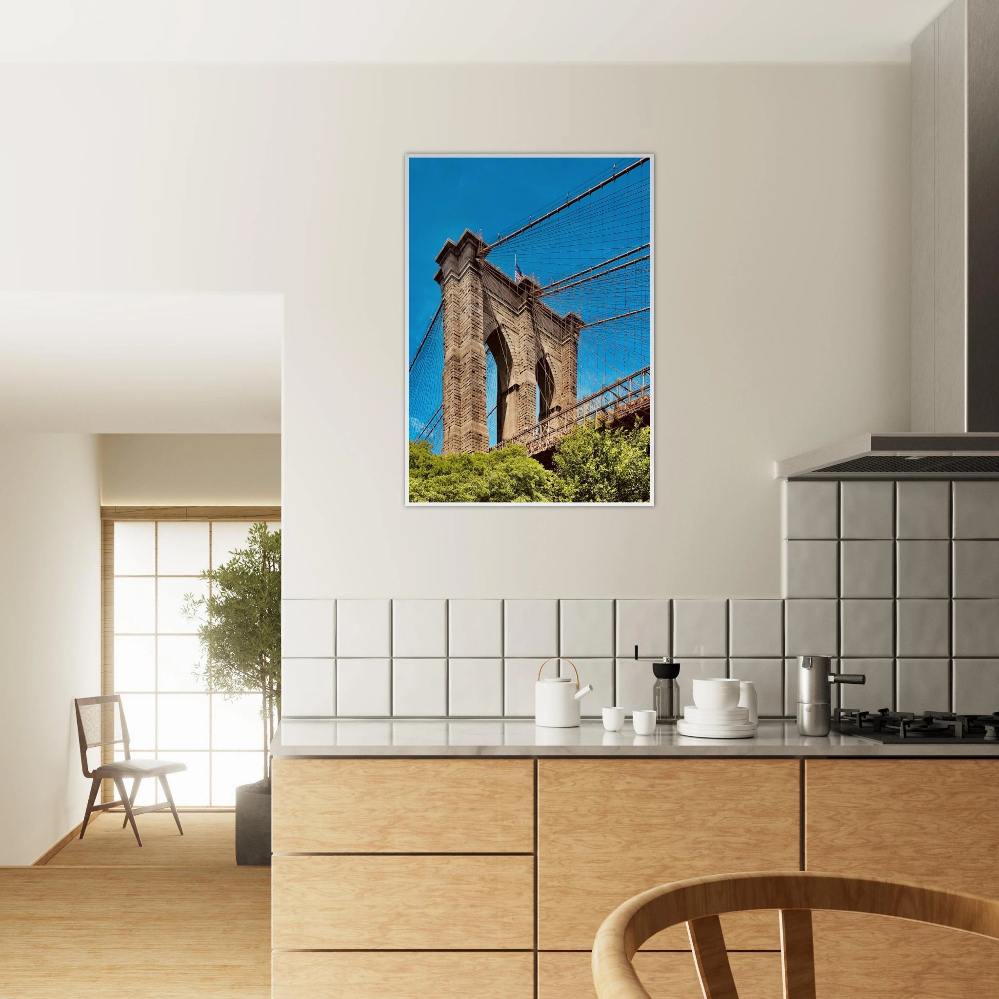 Framed print of NYC Brooklyn Bridge and Dumbo skyline, 15x20 cm, white frame, part of travel collection, studio edition.