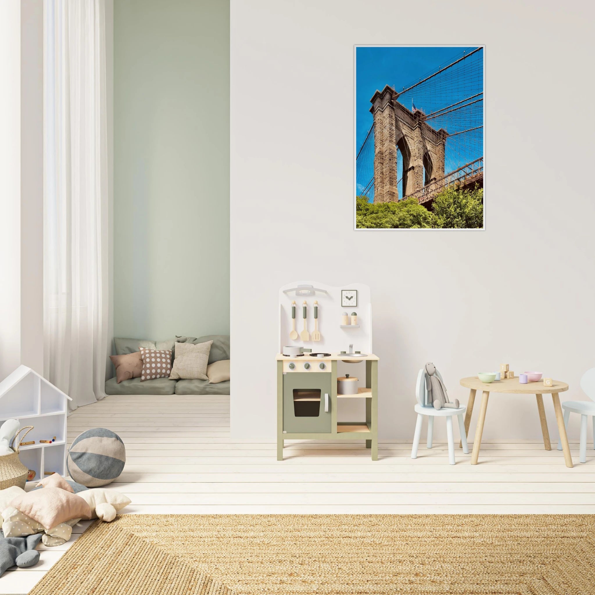 Framed NYC Brooklyn Bridge poster from My Store, featuring a stunning Dumbo view in a 15x20 cm print with white frame.