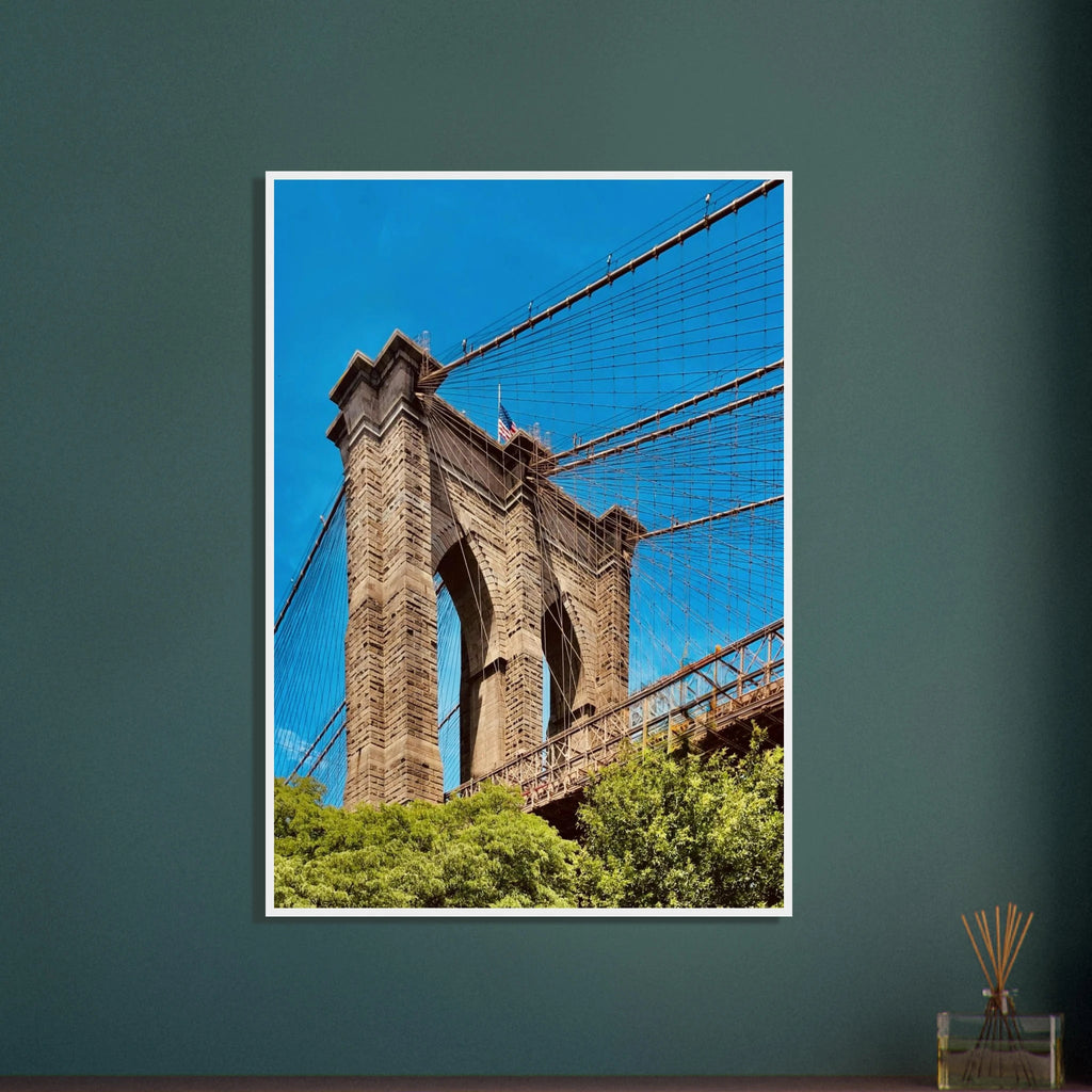 Framed NYC Brooklyn Bridge poster with Dumbo view, 15x20 cm print in a white frame, part of the Studio Edition travel collection.