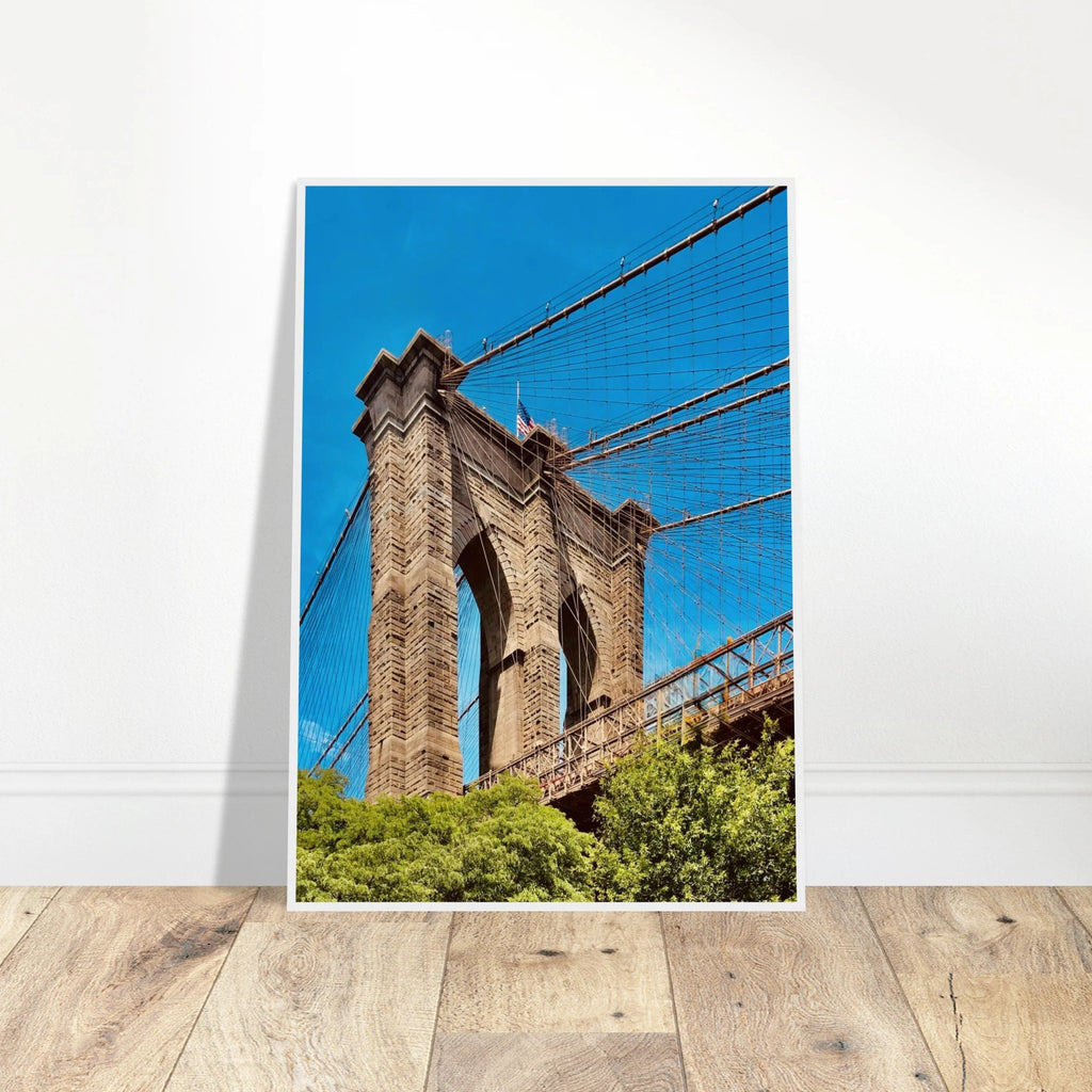Framed NYC Brooklyn Bridge poster with Dumbo view, 15x20 cm print in a white frame, part of the Studio Edition travel collection.