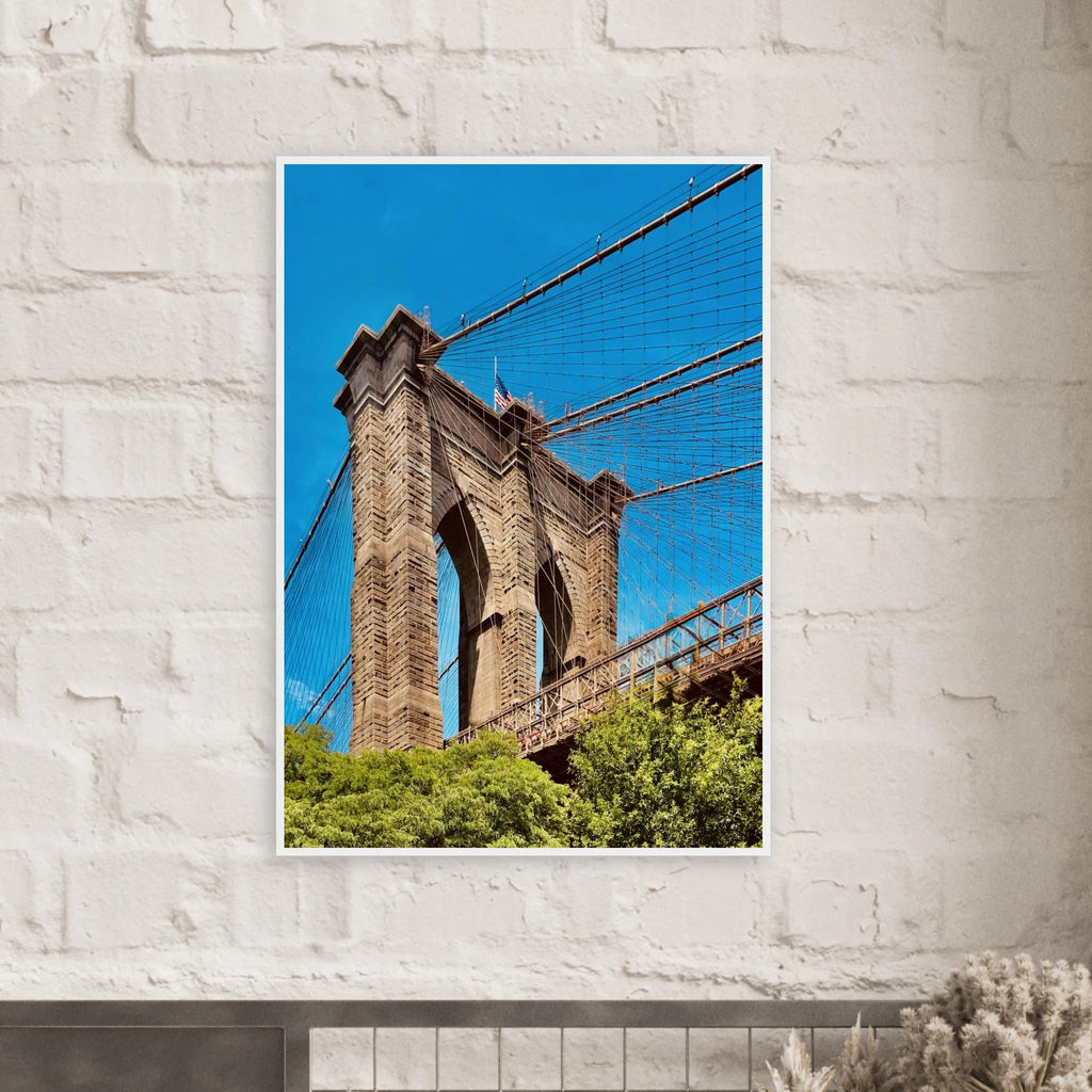 Framed NYC Brooklyn Bridge poster with Dumbo view, featuring a 15x20 cm print in a white frame, part of a travel collection.