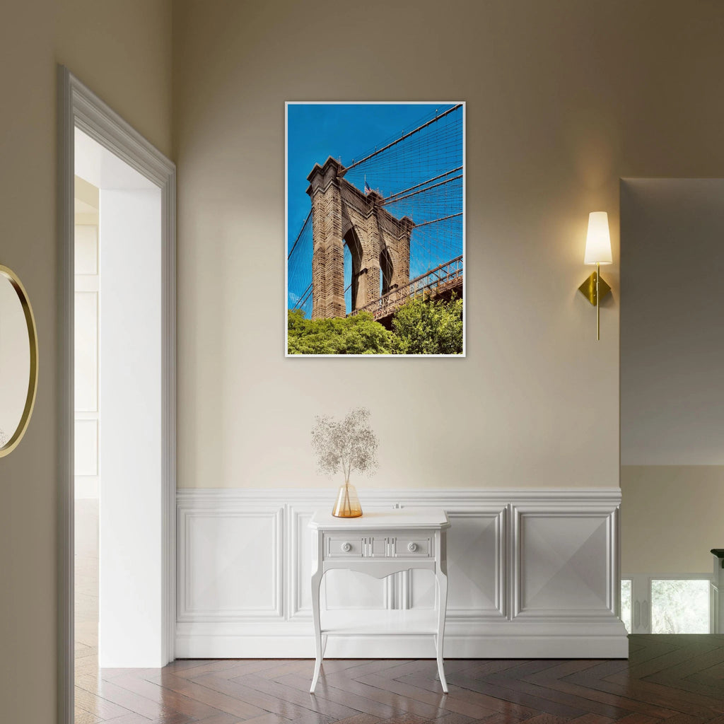 Framed NYC Brooklyn Bridge poster featuring a Dumbo view, 15x20 cm print with white frame from the Travel Collection.