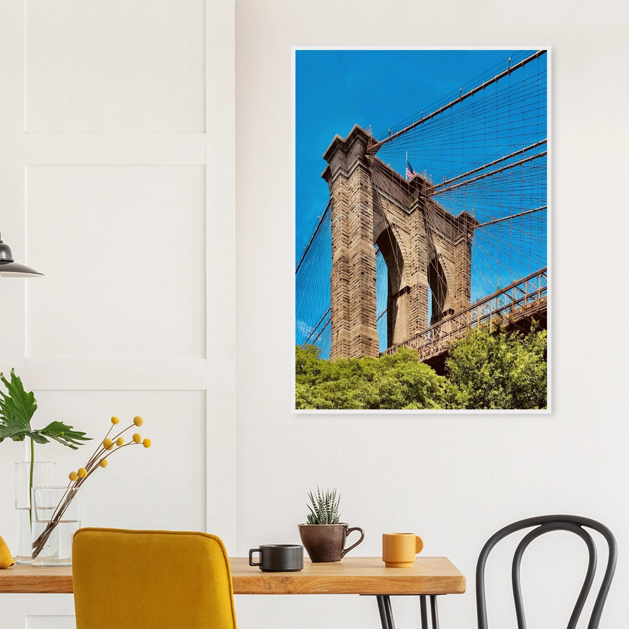 Framed NYC Brooklyn Bridge poster featuring a stunning Dumbo view, 15x20 cm print in white frame, part of travel collection.