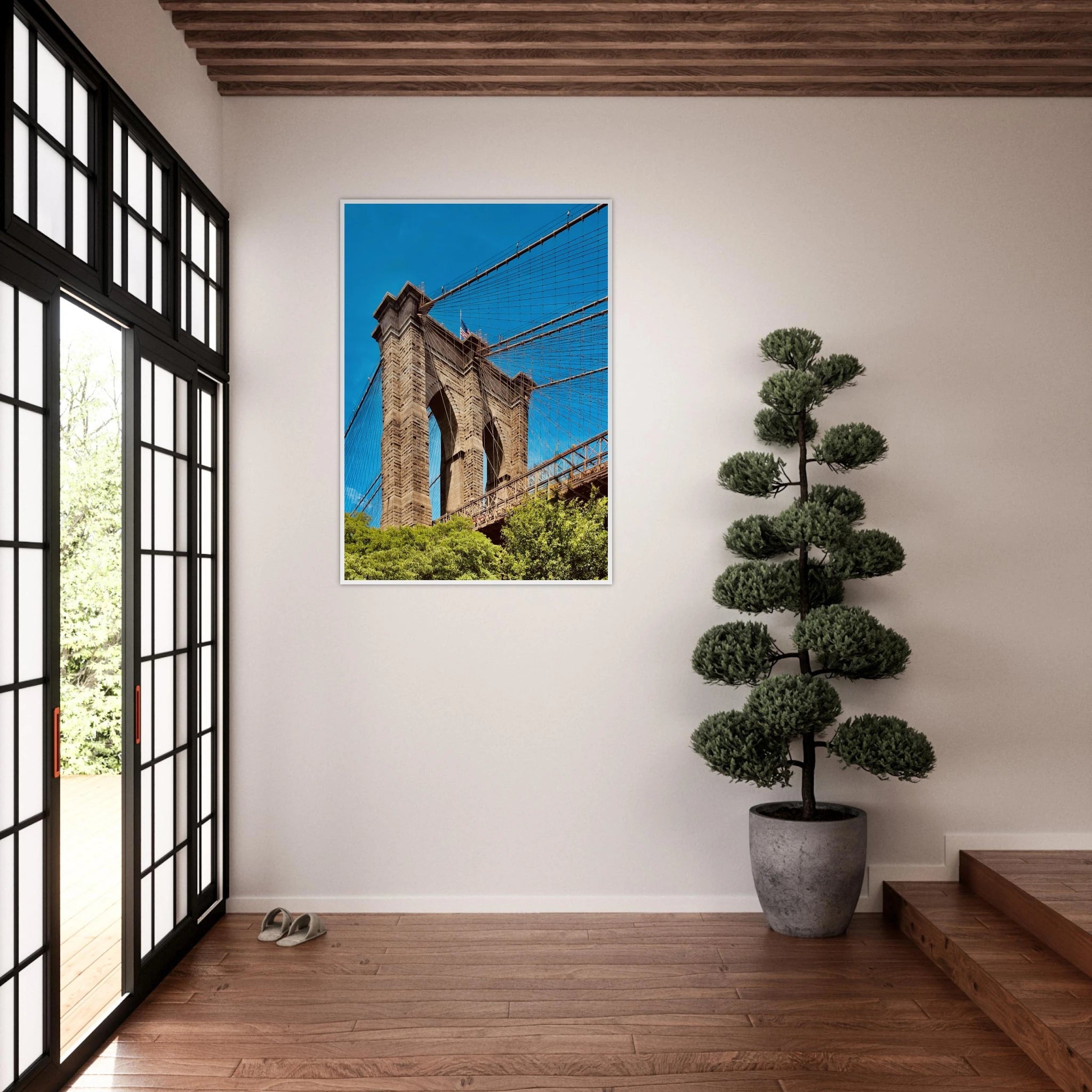 Framed NYC Brooklyn Bridge poster featuring a Dumbo view, 15x20 cm print in a white frame from the Travel Collection studio edition.