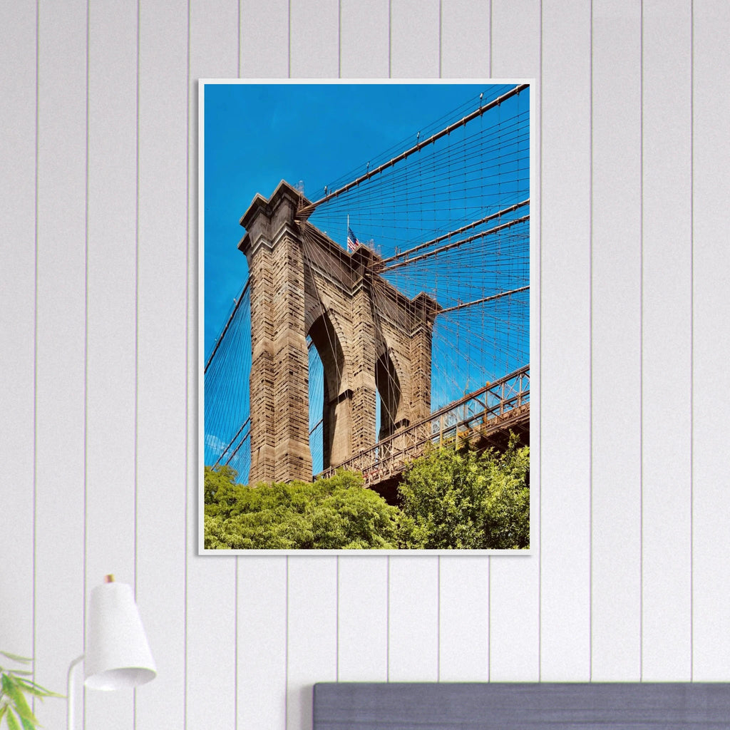 Framed NYC Brooklyn Bridge poster featuring a stunning Dumbo view, 15x20 cm print with white frame from My Store's travel collection.