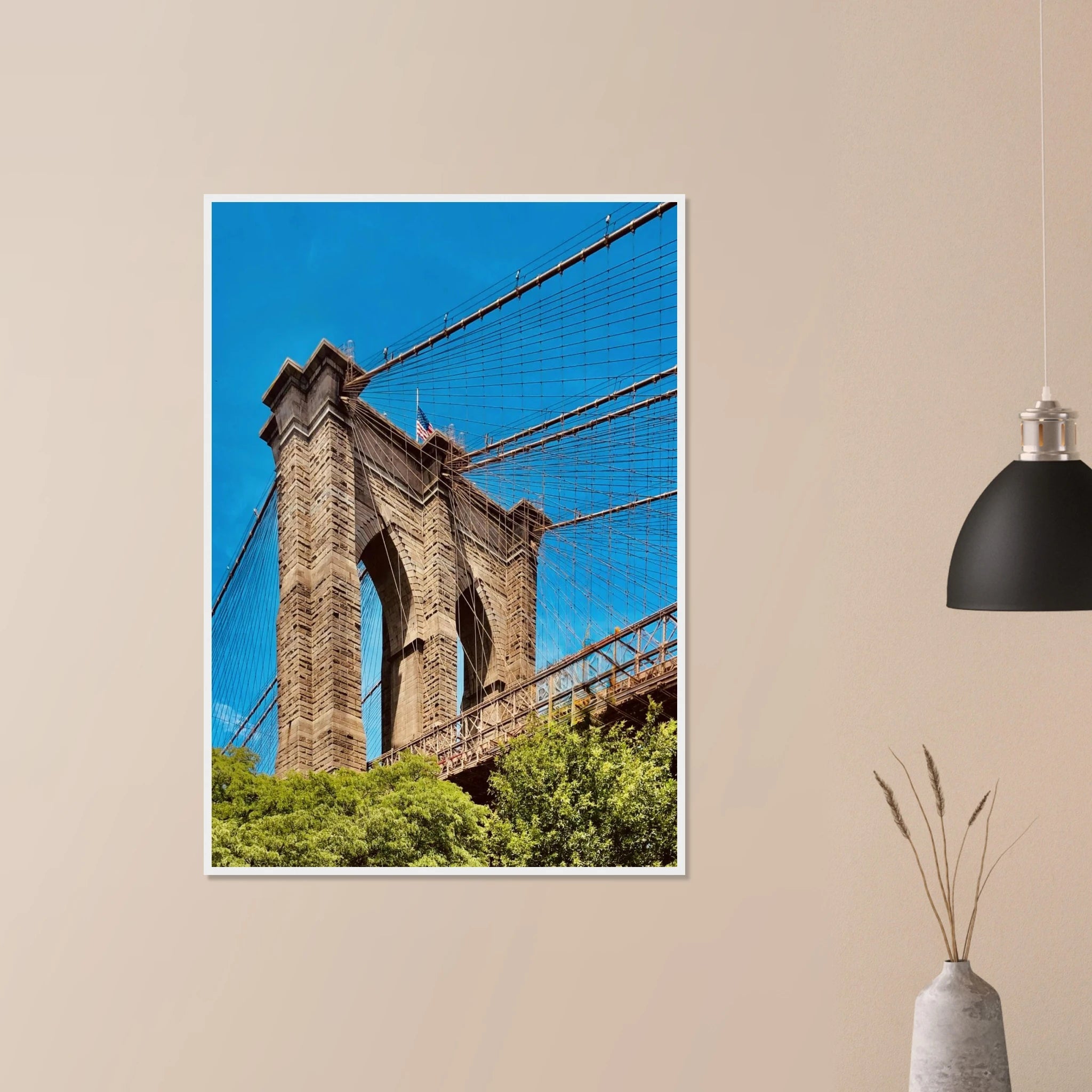 Framed NYC Brooklyn Bridge poster by My Store featuring a stunning Dumbo view, 15x20 cm print with white frame from the Travel Collection.
