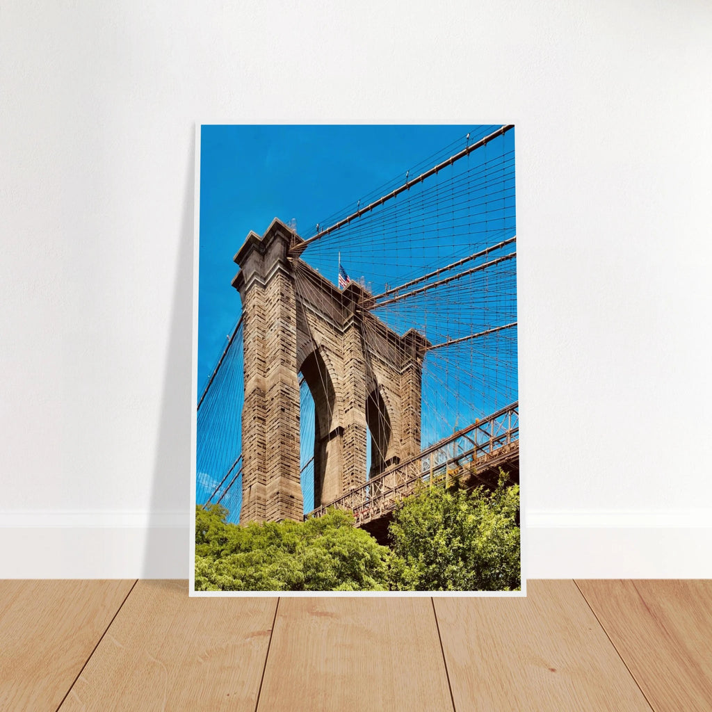 Framed NYC Brooklyn Bridge poster featuring a stunning Dumbo view, 15x20 cm print with a white frame, part of the Travel Collection.