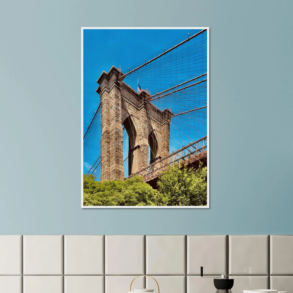 Framed NYC Brooklyn Bridge poster featuring a stunning Dumbo view, 15x20 cm print with white frame from the Travel Collection.