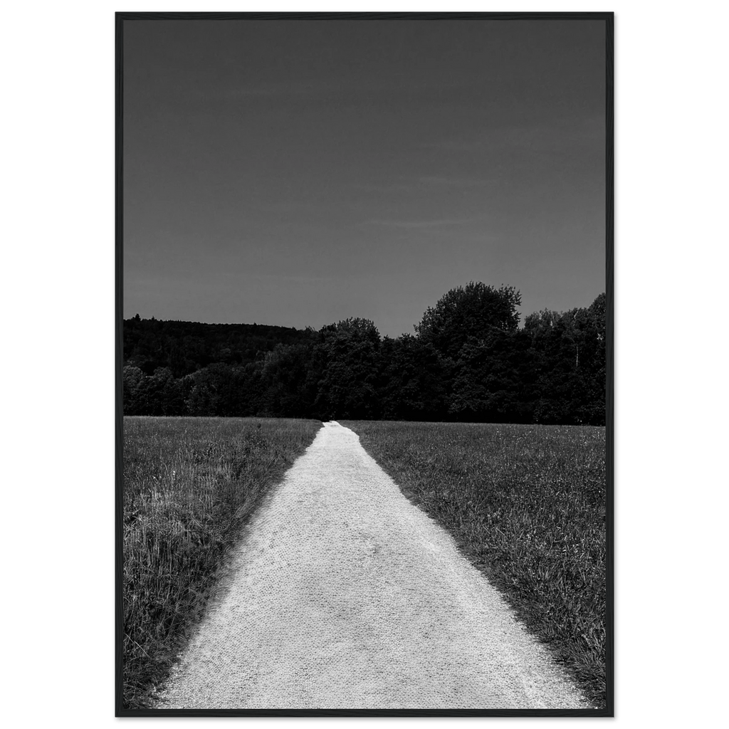 Black and white framed poster on semi-glossy paper featuring a summer road scene from the Timeless Chic Travel Collection.