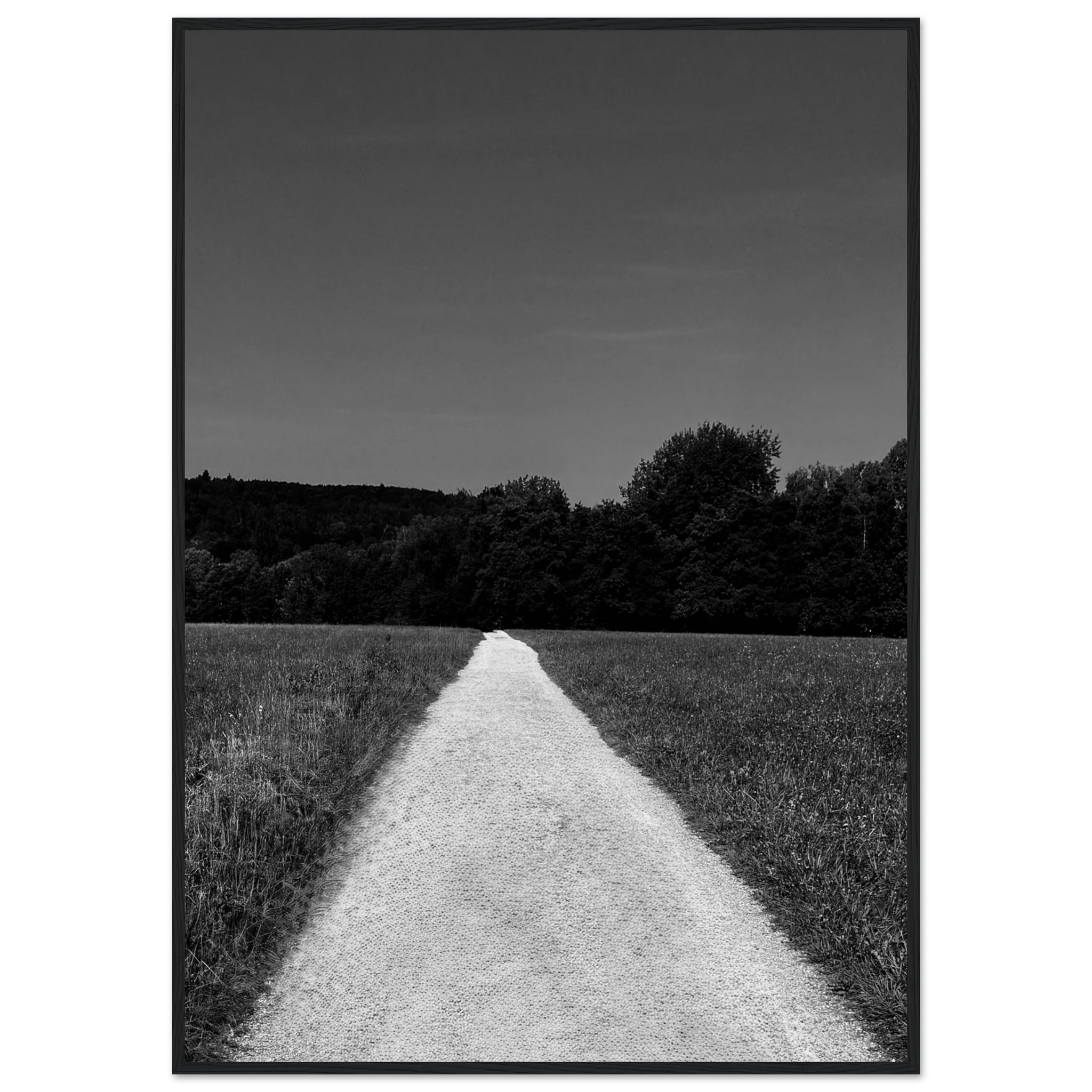 Black and white framed poster of a summer road scene from the Travel Collection, printed on premium semi-glossy paper.