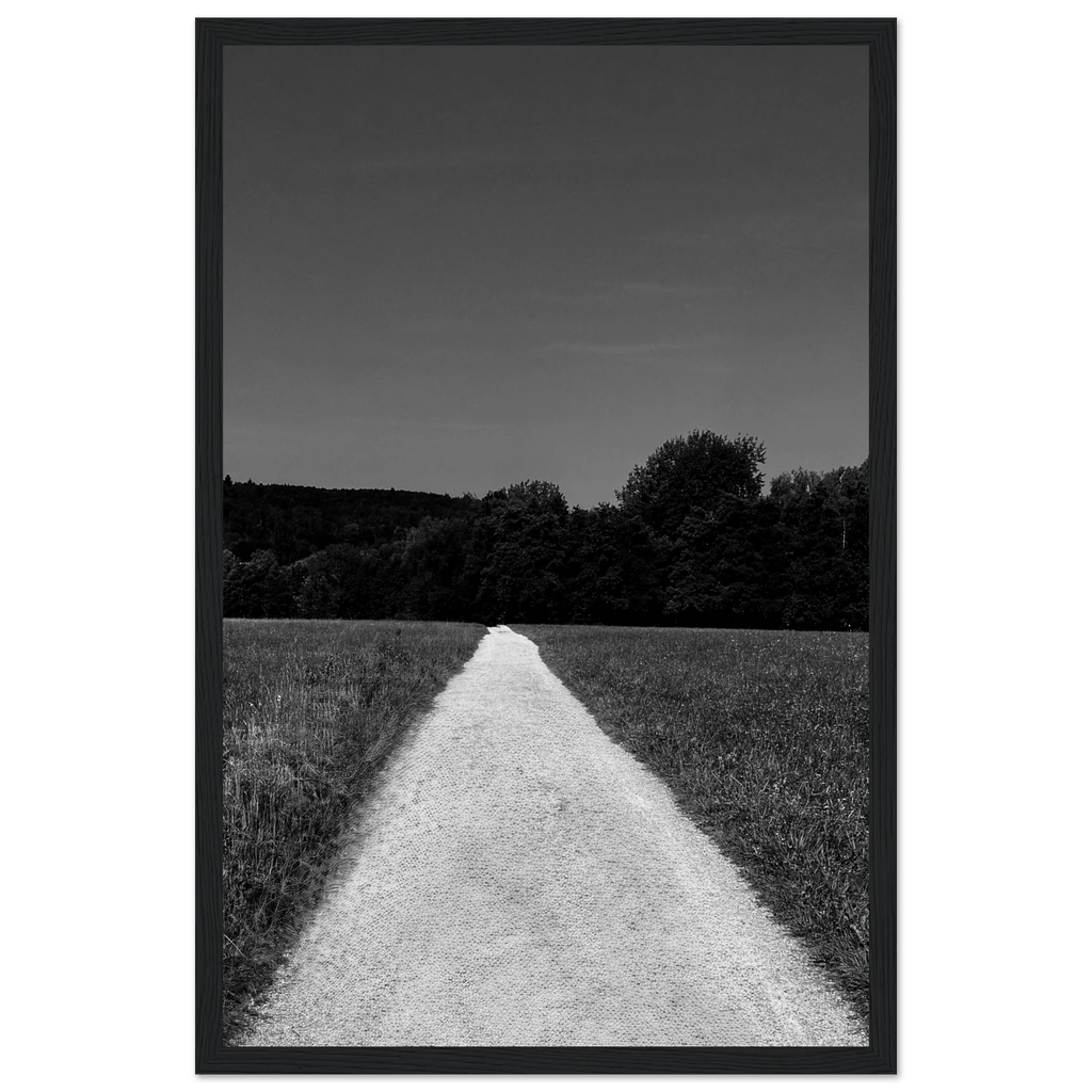Black and white framed poster of a summer road scene from the Travel Collection on premium semi-glossy paper, 15x20 cm.