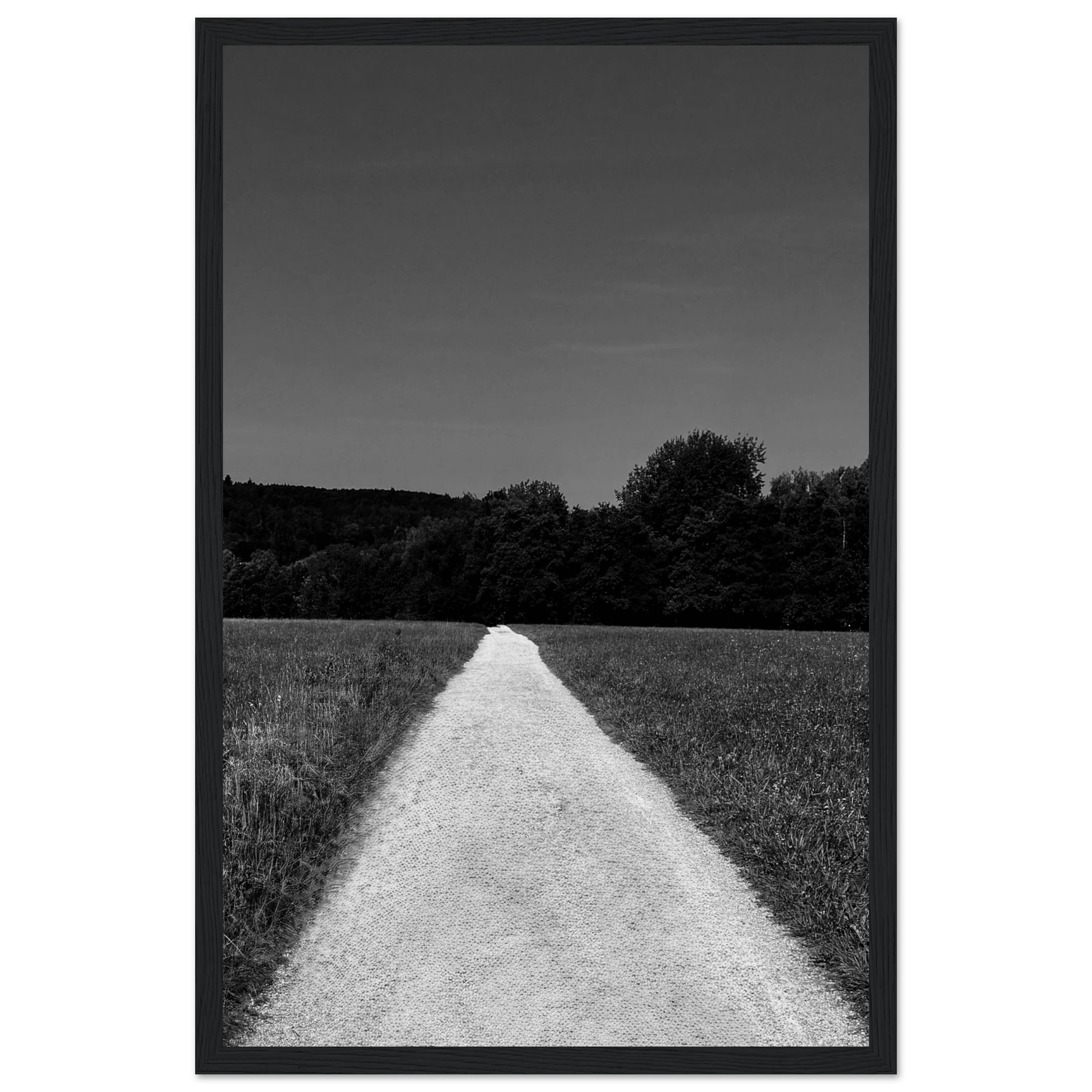 Black and white framed poster of a summer road scene from the Travel Collection on premium semi-glossy paper, 15x20 cm.