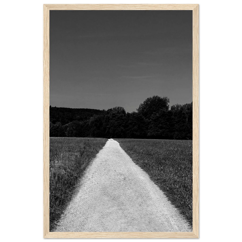 Black and white framed poster of a summer road scene, printed on premium semi-glossy paper, part of the Travel Collection.
