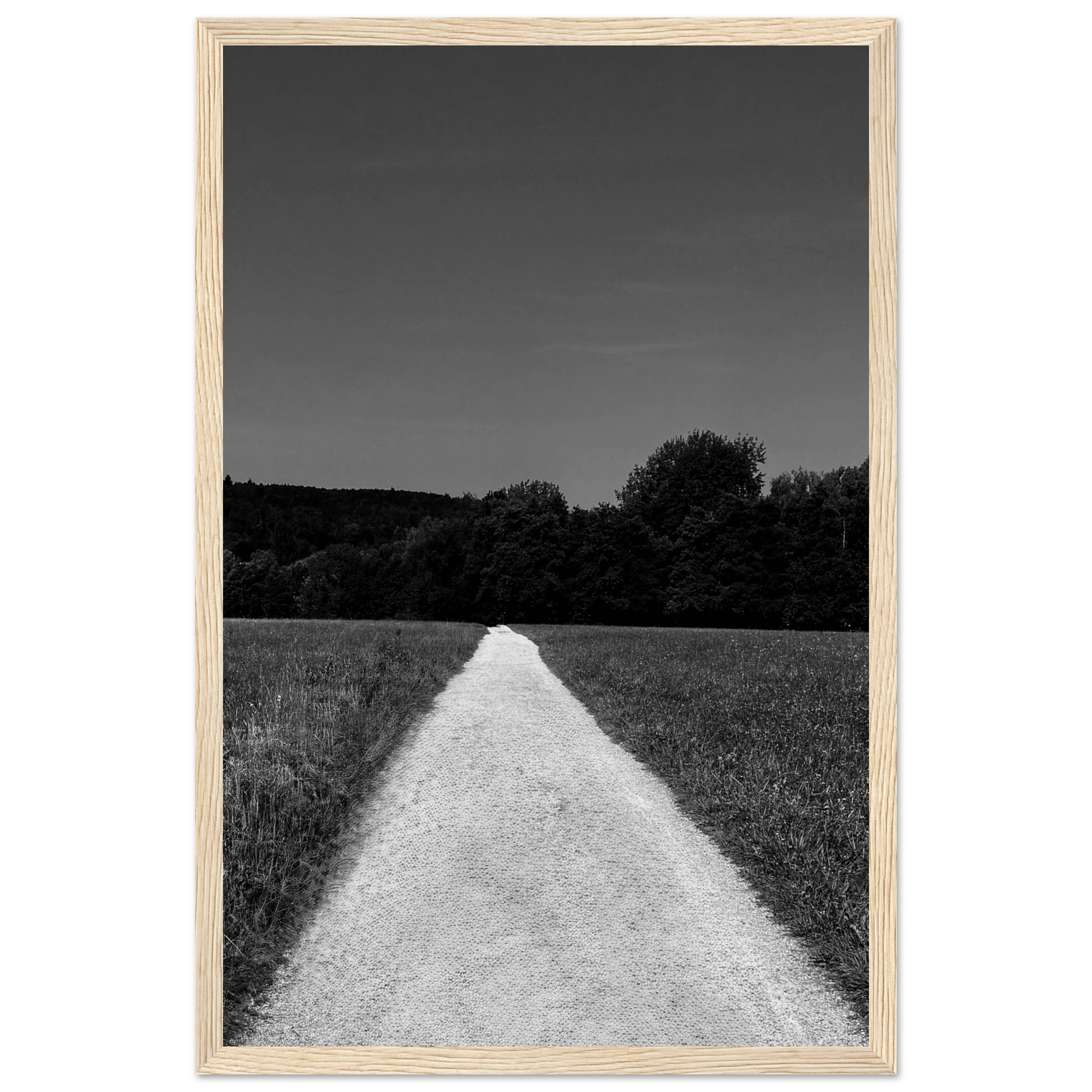Black and white framed poster of a summer road scene, printed on premium semi-glossy paper, part of the Travel Collection.