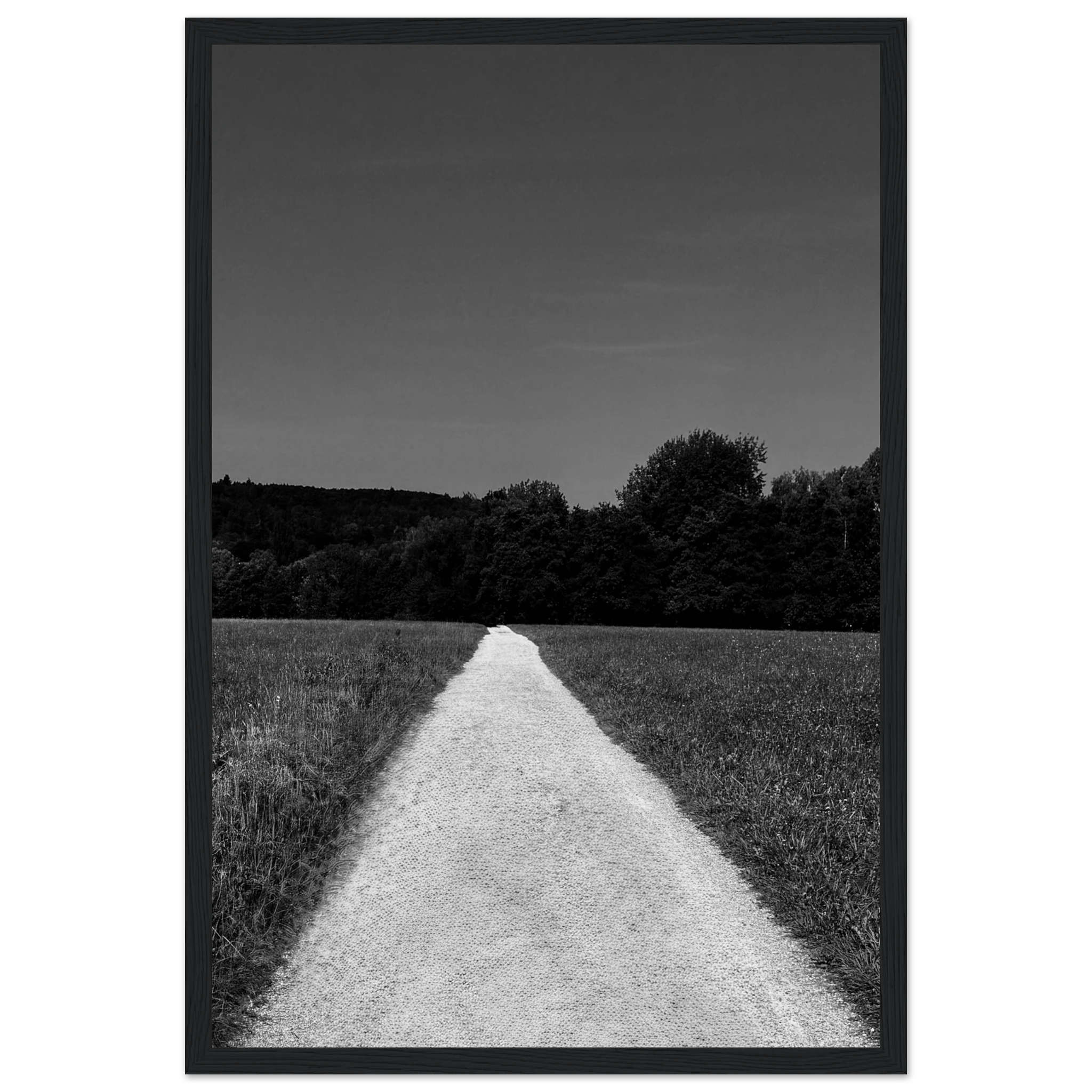 Black and white framed poster featuring a summer road scene from the Travel Collection, printed on premium semi-glossy paper.