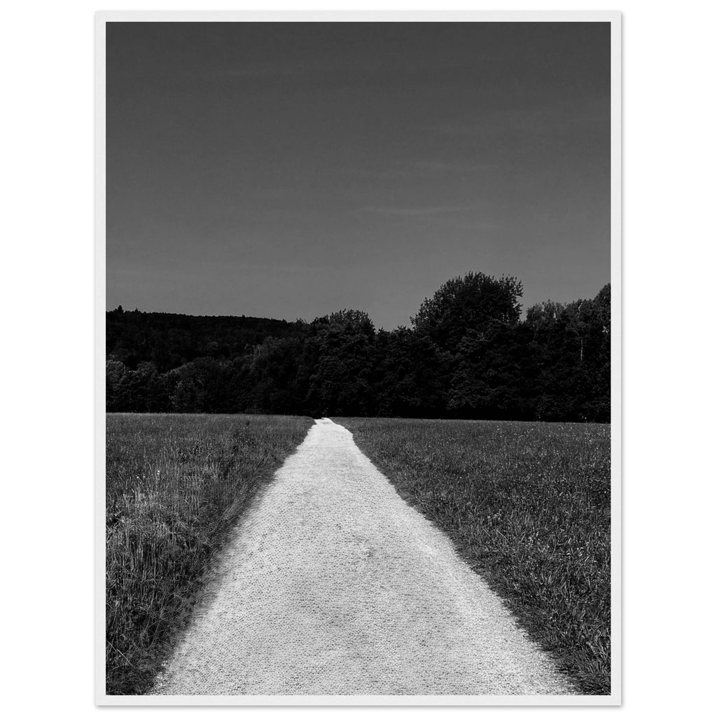 Black and white framed poster of a summer road scene on premium semi-glossy paper, part of the Studio Edition travel collection.