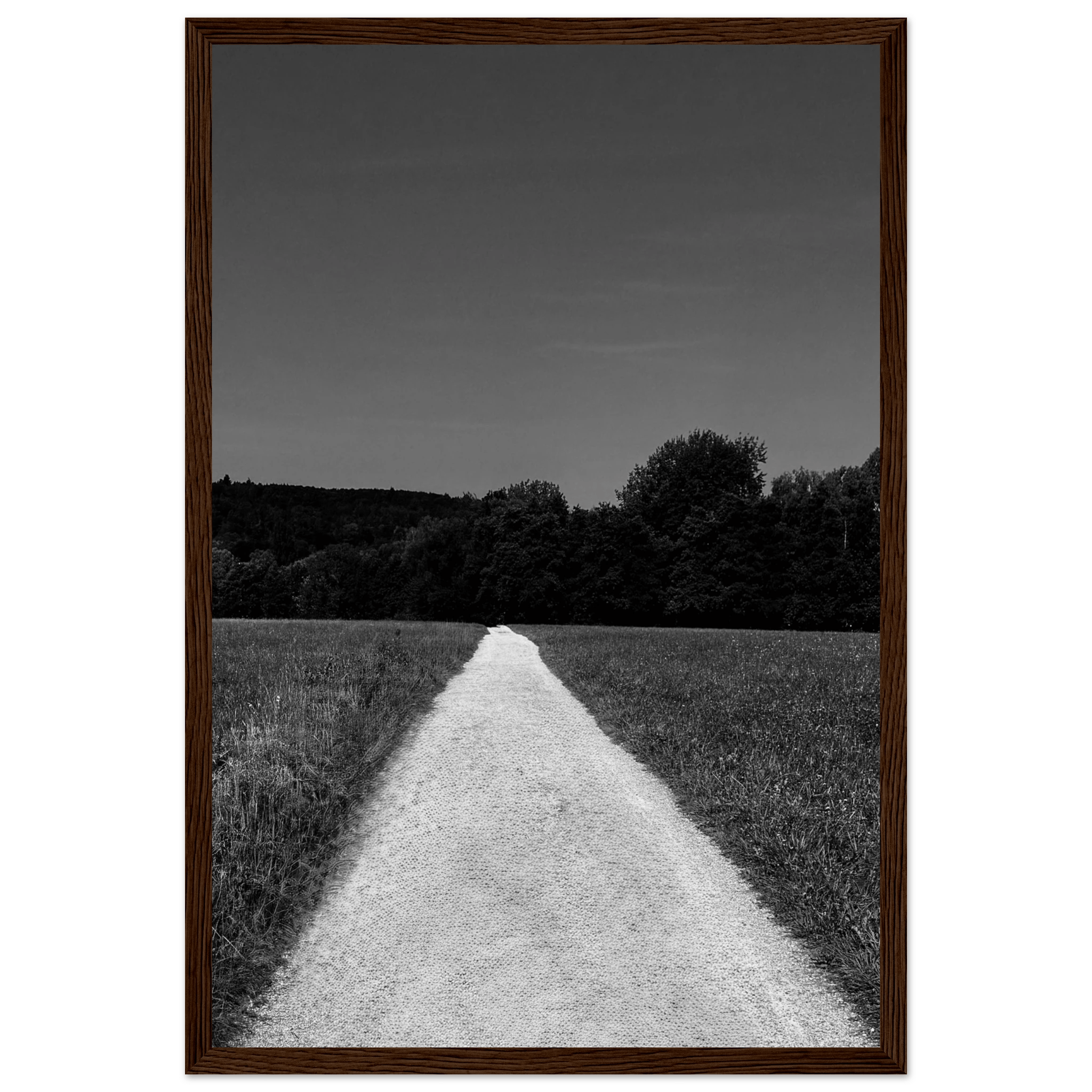 Black and white framed print of a summer road scene from the Travel Collection, printed on premium semi-glossy paper.