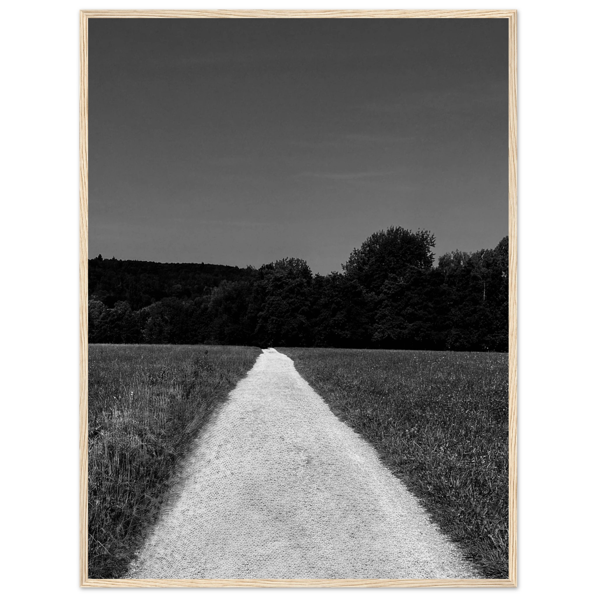 Black and white framed poster of a summer road scene from the Travel Collection, featuring a timeless chic style on semi-glossy paper.