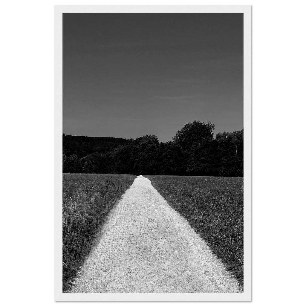 Black and white wooden framed poster of a summer road scene from the Travel Collection, printed on premium semi-glossy paper.
