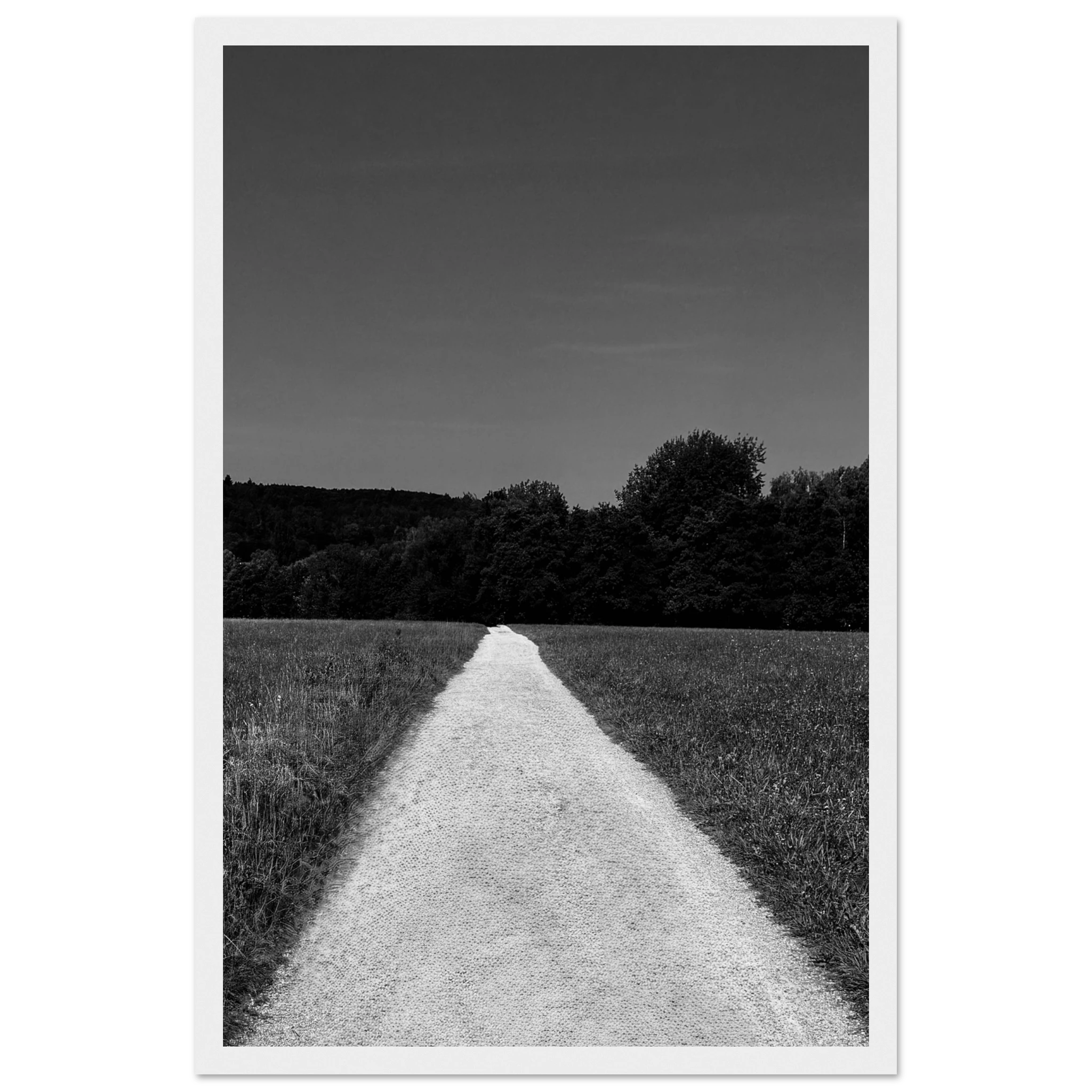 Black and white wooden framed poster of a summer road scene from the Travel Collection, printed on premium semi-glossy paper.