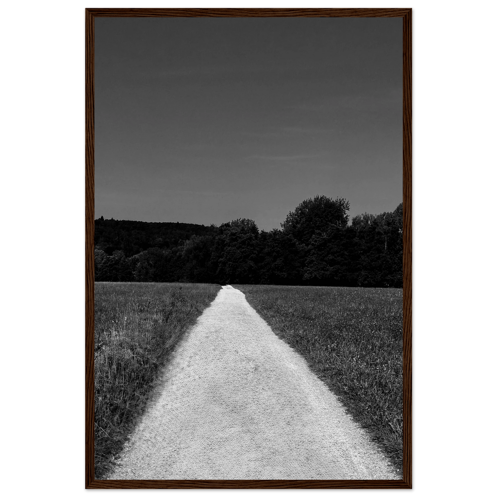 Semi-glossy paper wooden framed poster of a summer road scene from the black and white travel collection, 15x20 cm.