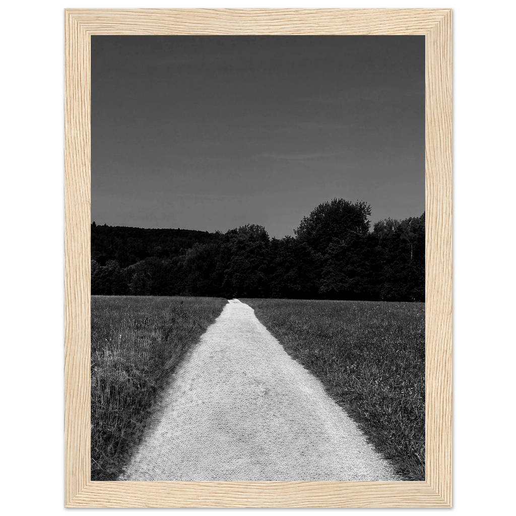 Wooden framed poster of a summer road scene on semi-glossy paper, part of the black and white travel collection.