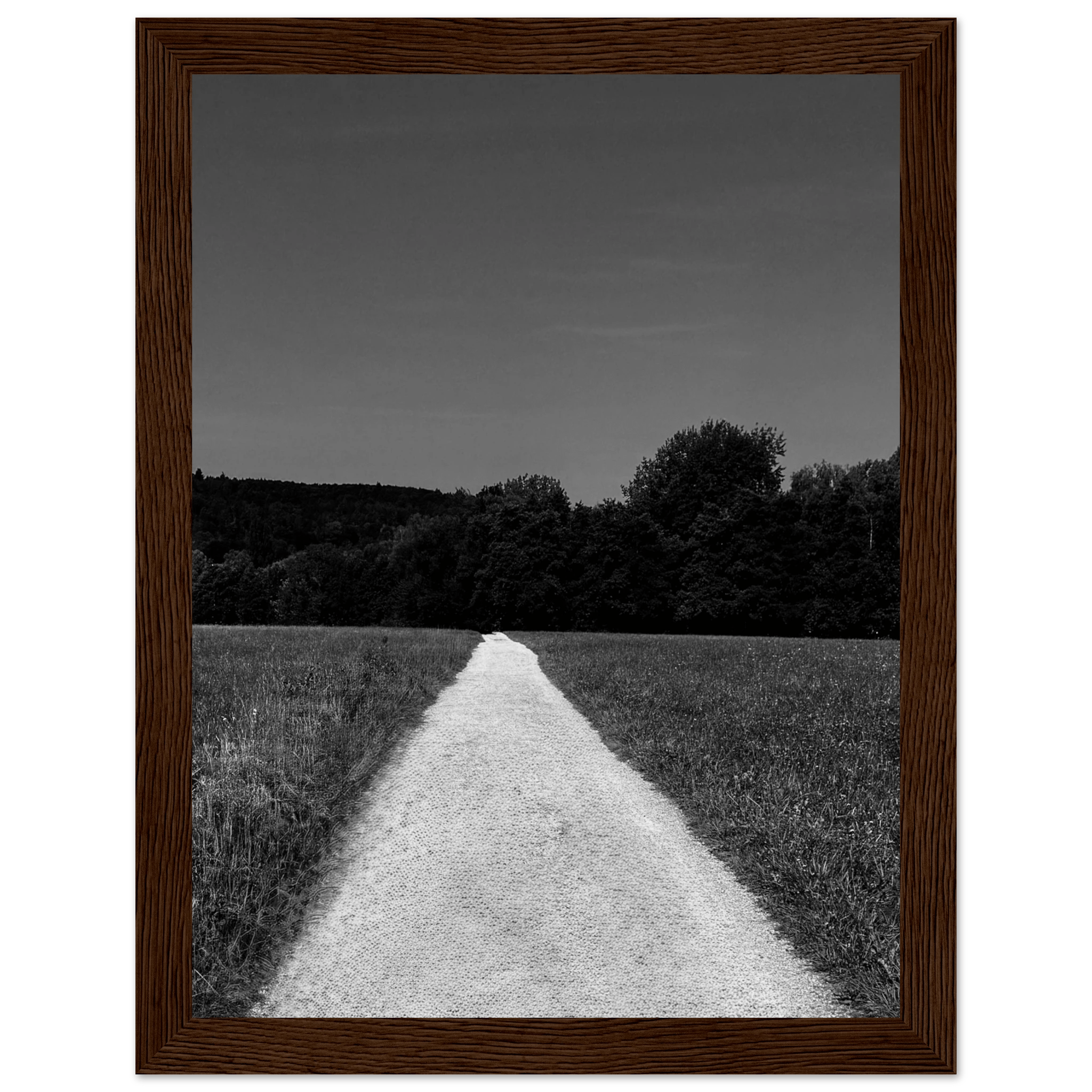 Black and white framed poster of a summer road scene from the Travel Collection, printed on premium semi-glossy paper.