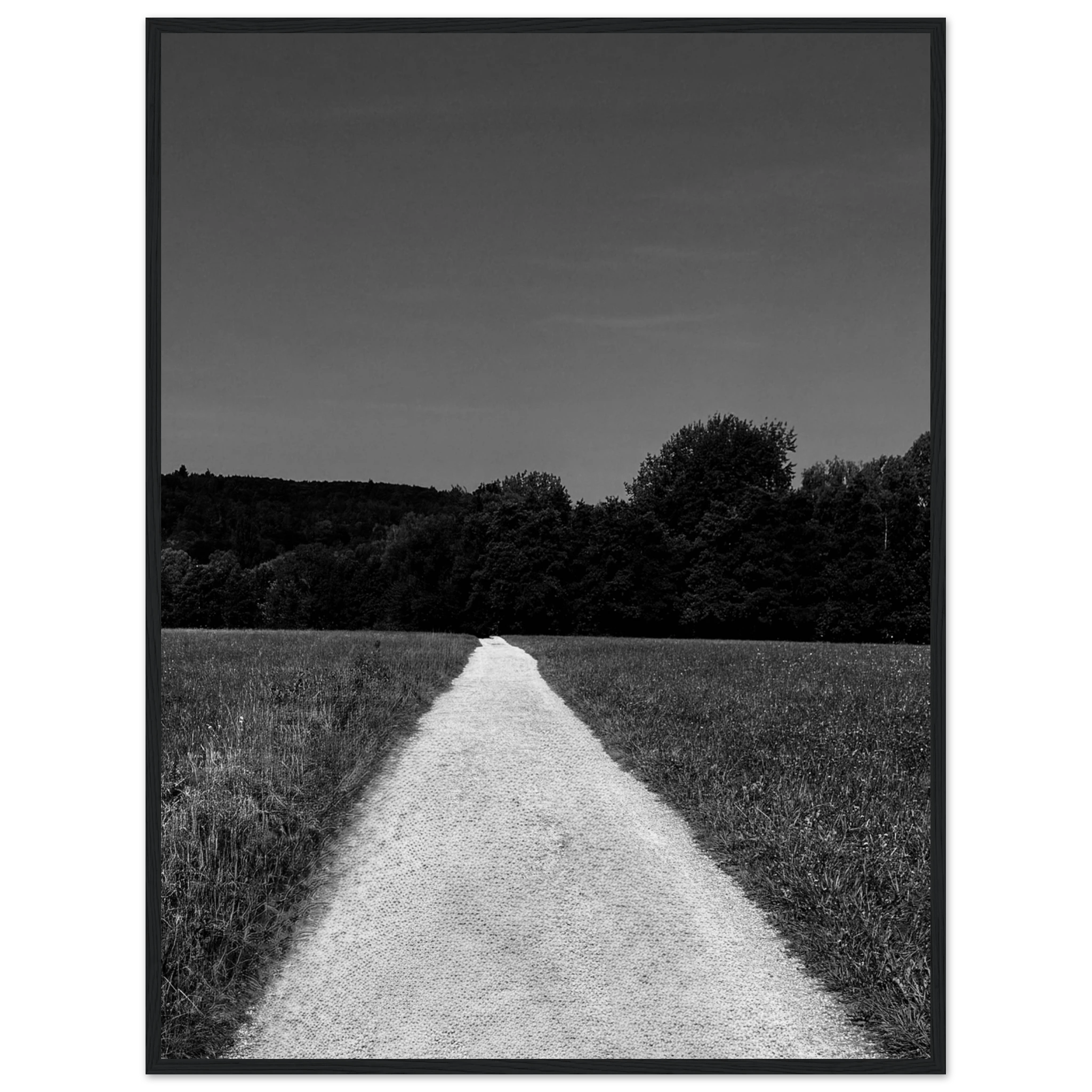 Black and white framed poster of a summer road scene from the Travel Collection, printed on premium semi-glossy paper.