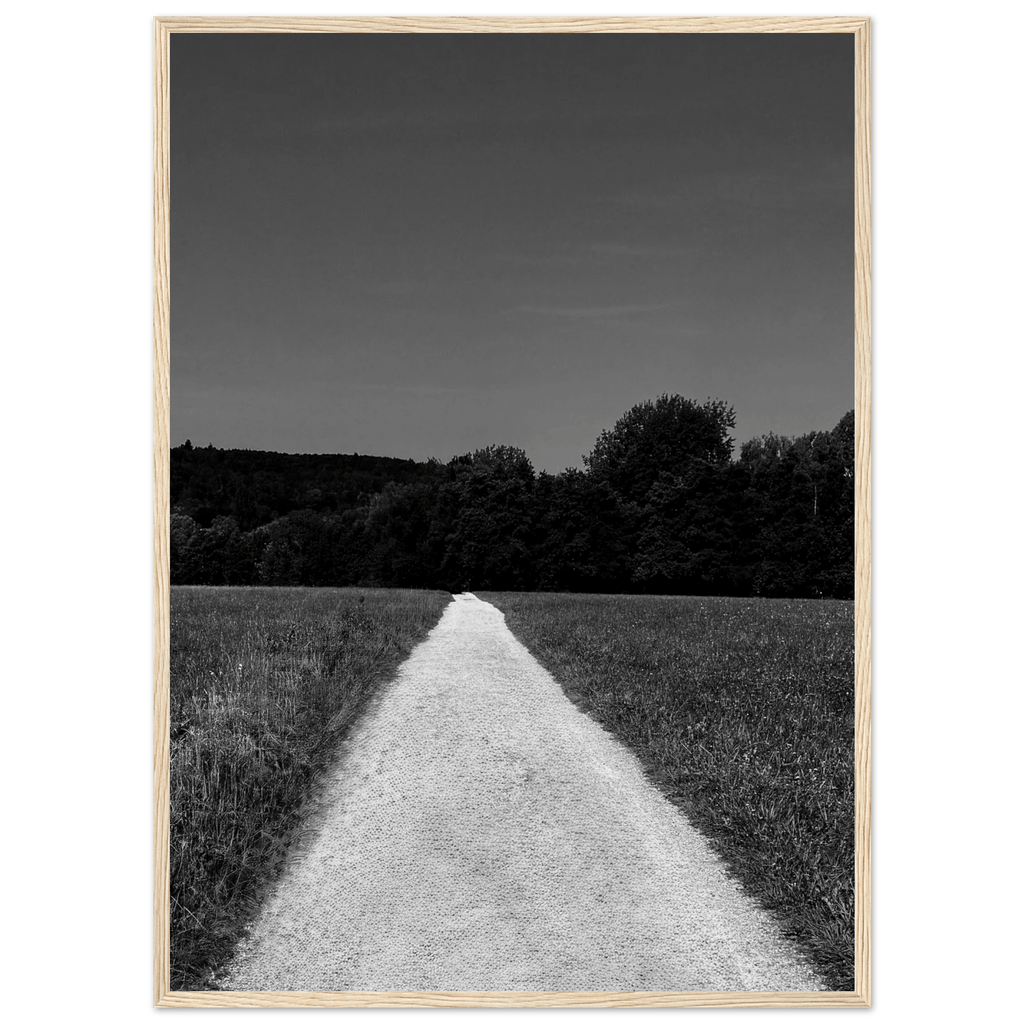 Black and white framed poster titled “Summer Road” on premium semi-glossy paper, showcasing a travel scene in a stylish wooden frame.