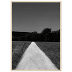 Black and white framed poster titled “Summer Road” on premium semi-glossy paper, showcasing a travel scene in a stylish wooden frame.