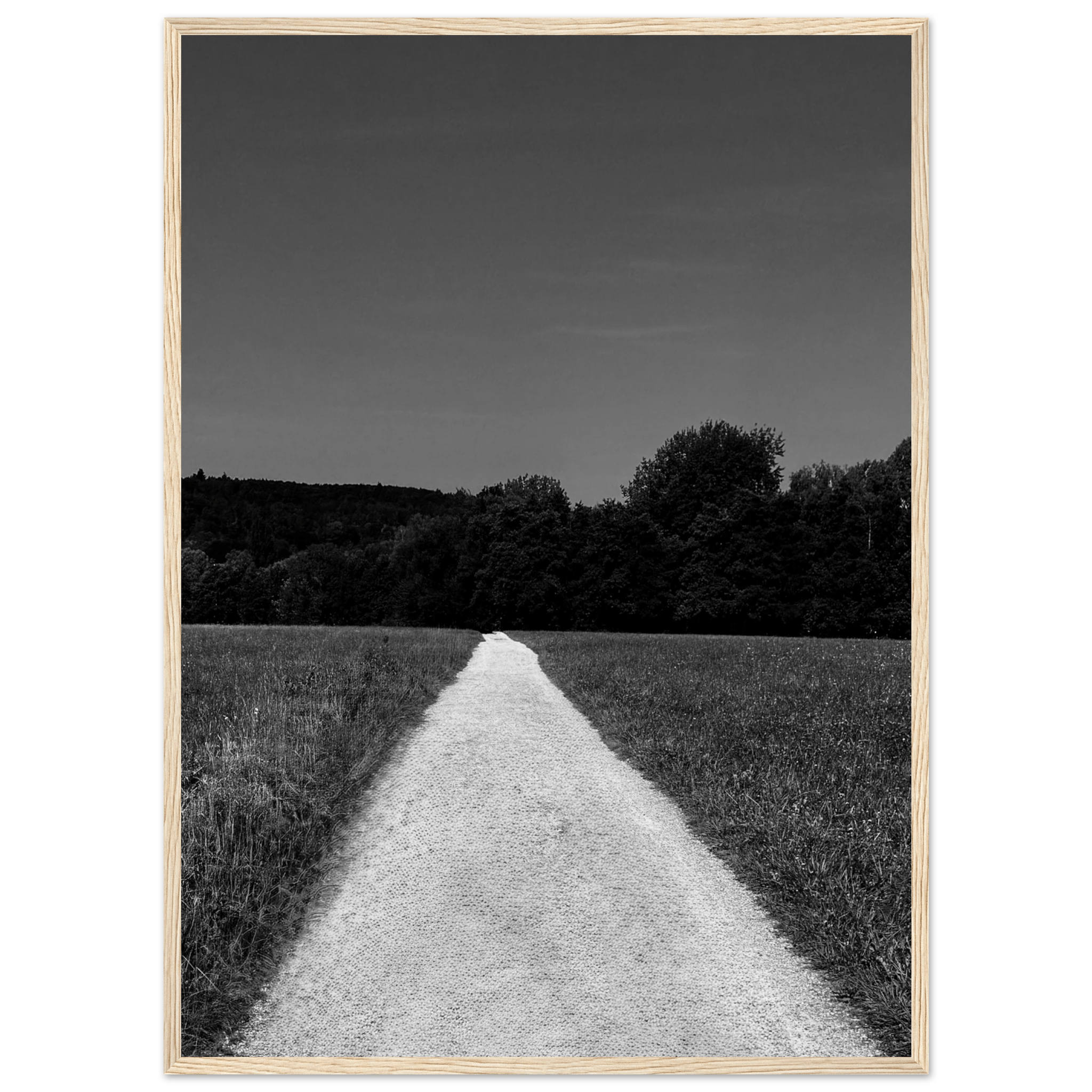 Black and white framed poster of a summer road scene from the Travel Collection, printed on premium semi-glossy paper.