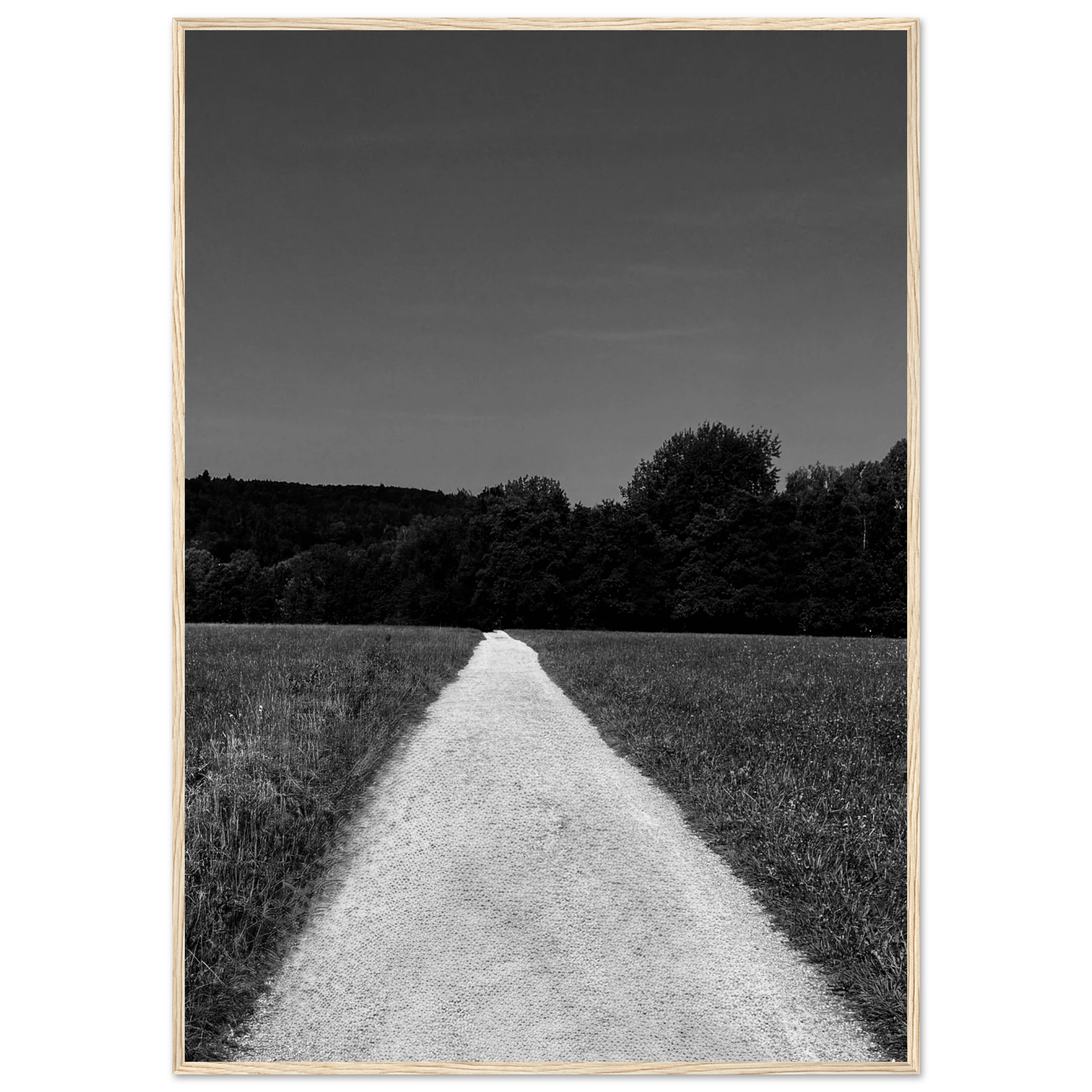 Black and white framed poster print of a summer road scene from the Travel Collection, featuring a timeless chic design on semi-glossy paper.