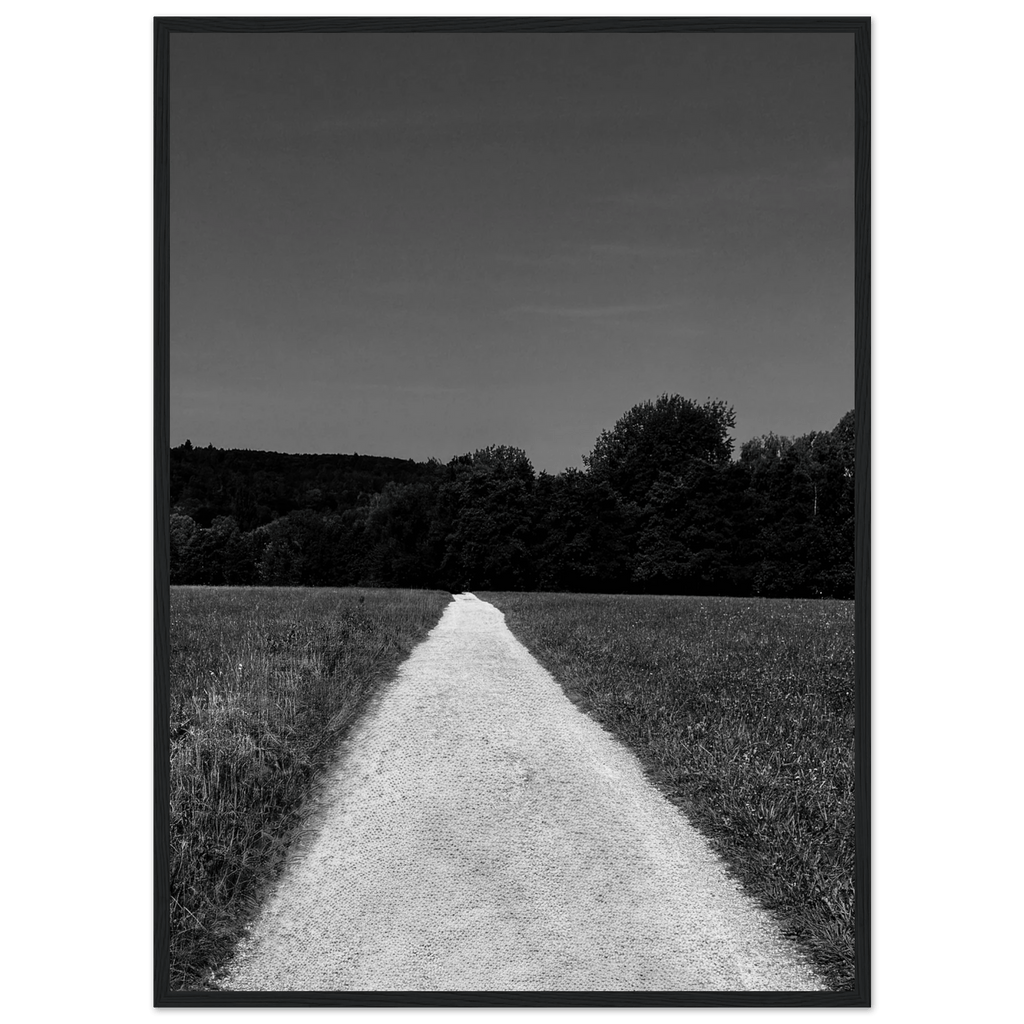 Black and white framed poster of a summer road scene, printed on premium semi-glossy paper, from the Travel Collection Studio Edition.