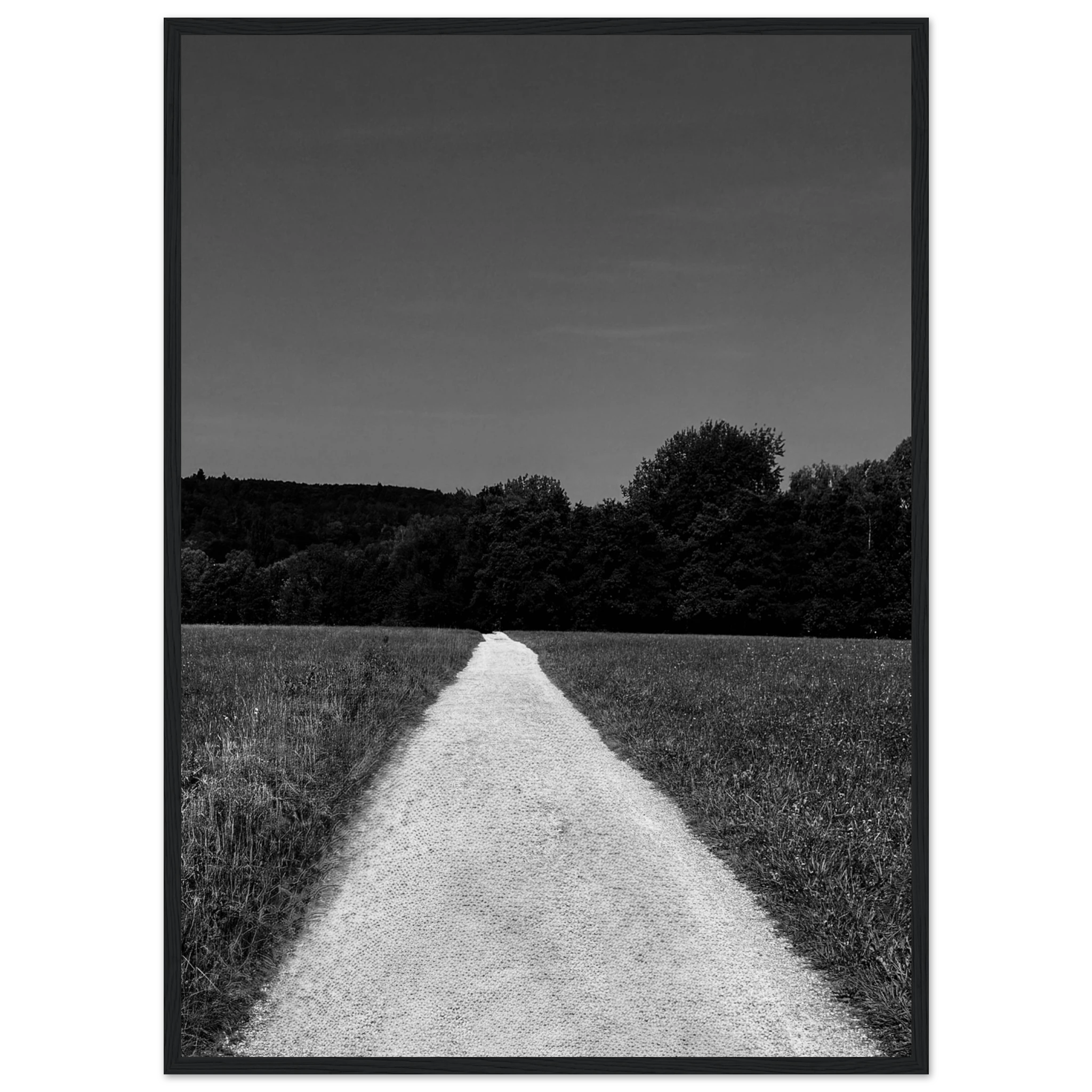 Black and white wooden framed poster of a summer road scene from the Travel Collection, featuring timeless travel chic.