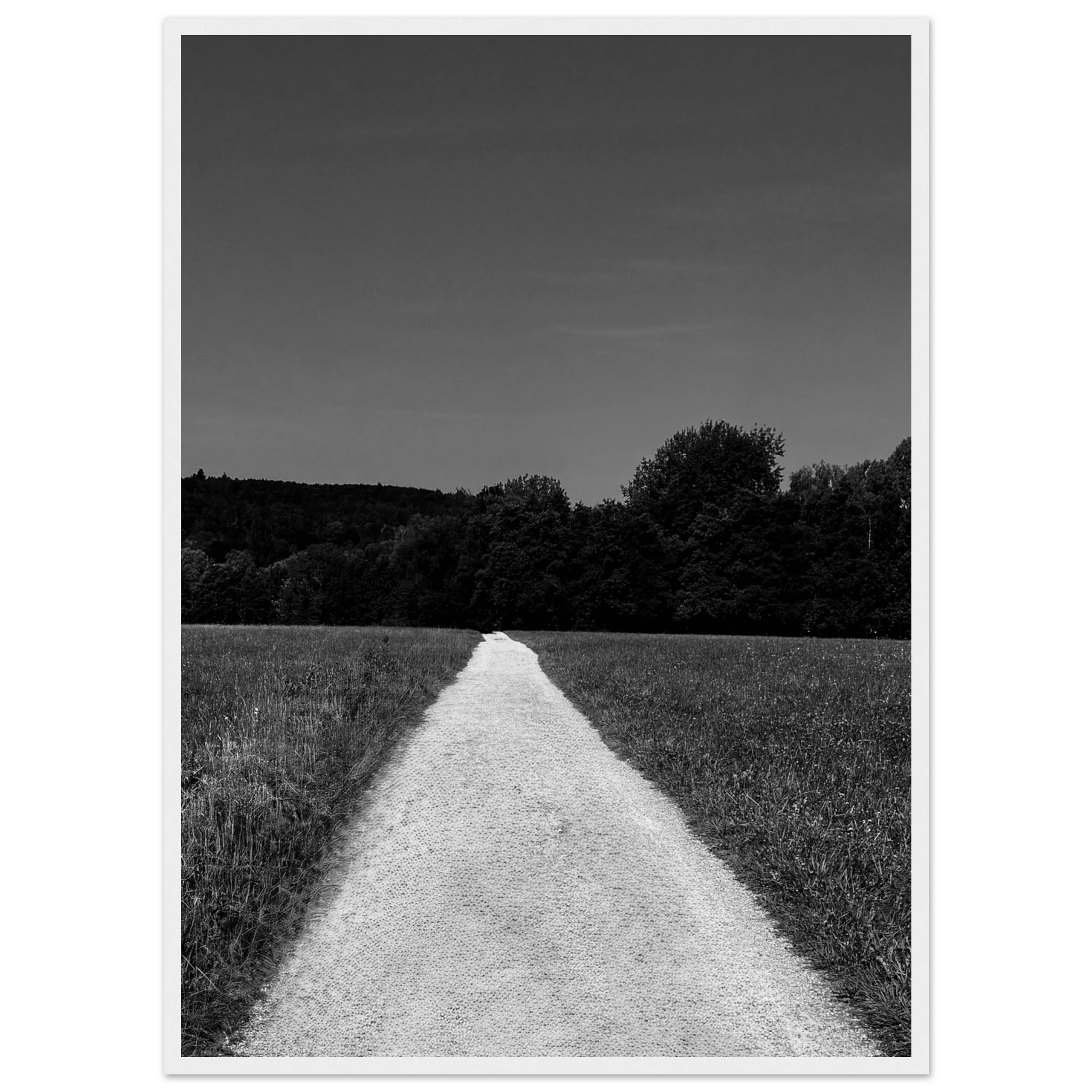 Black and white framed poster of a summer road scene from the Travel Collection, printed on premium semi-glossy paper.
