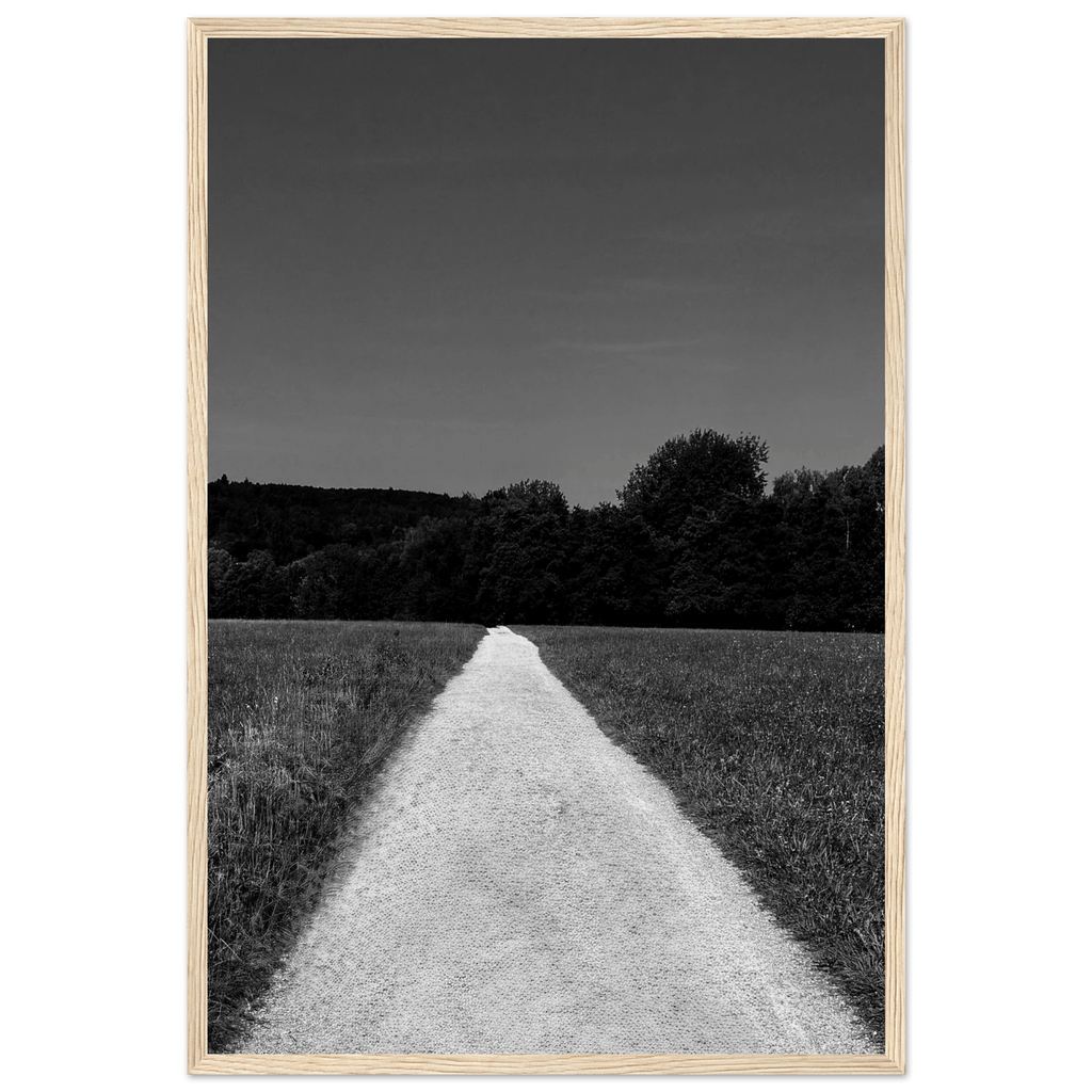 Black and white framed poster of a summer road scene on premium semi-glossy paper, part of the Travel Collection Studio Edition.