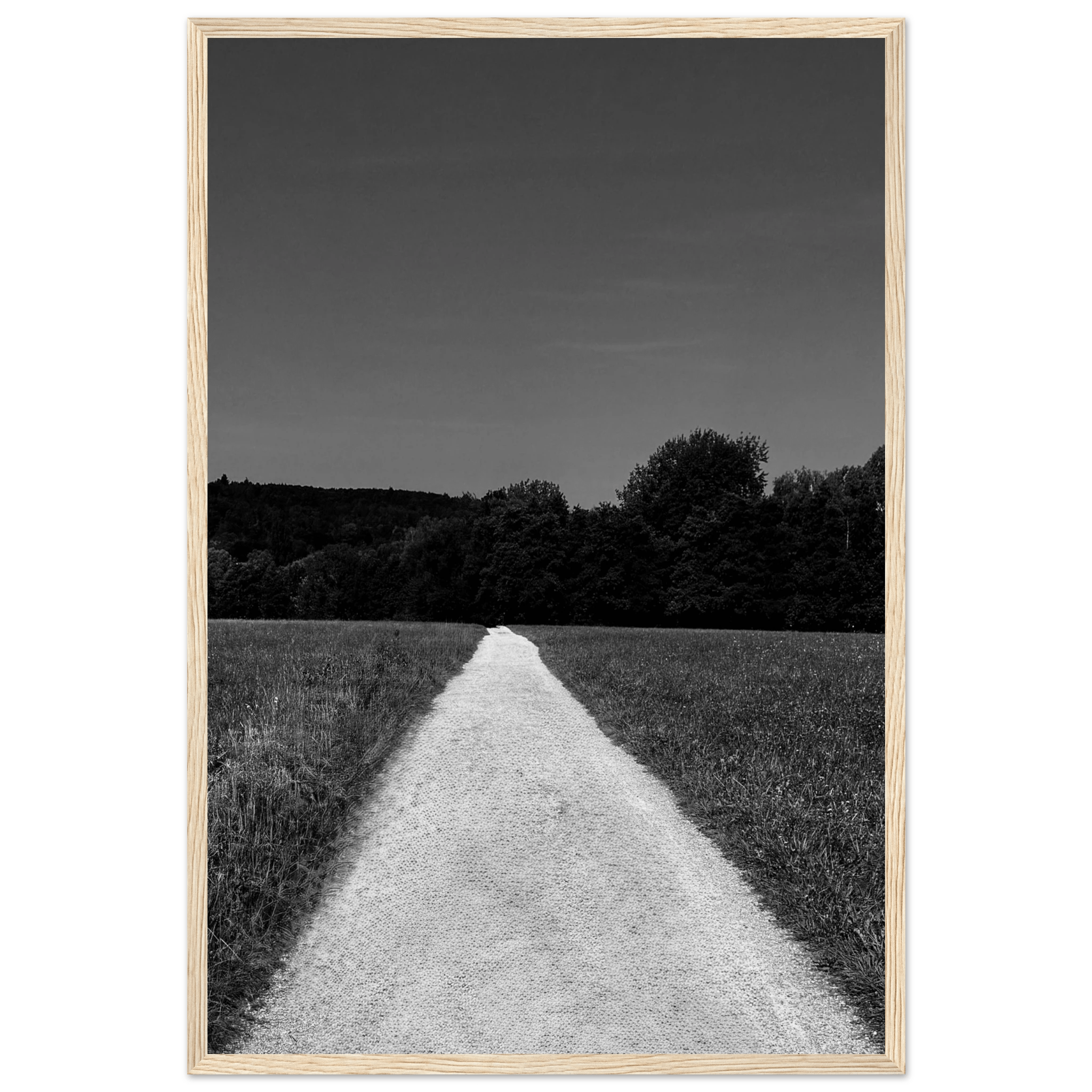 Black and white framed poster of a summer road scene from the Travel Collection, printed on premium semi-glossy paper.