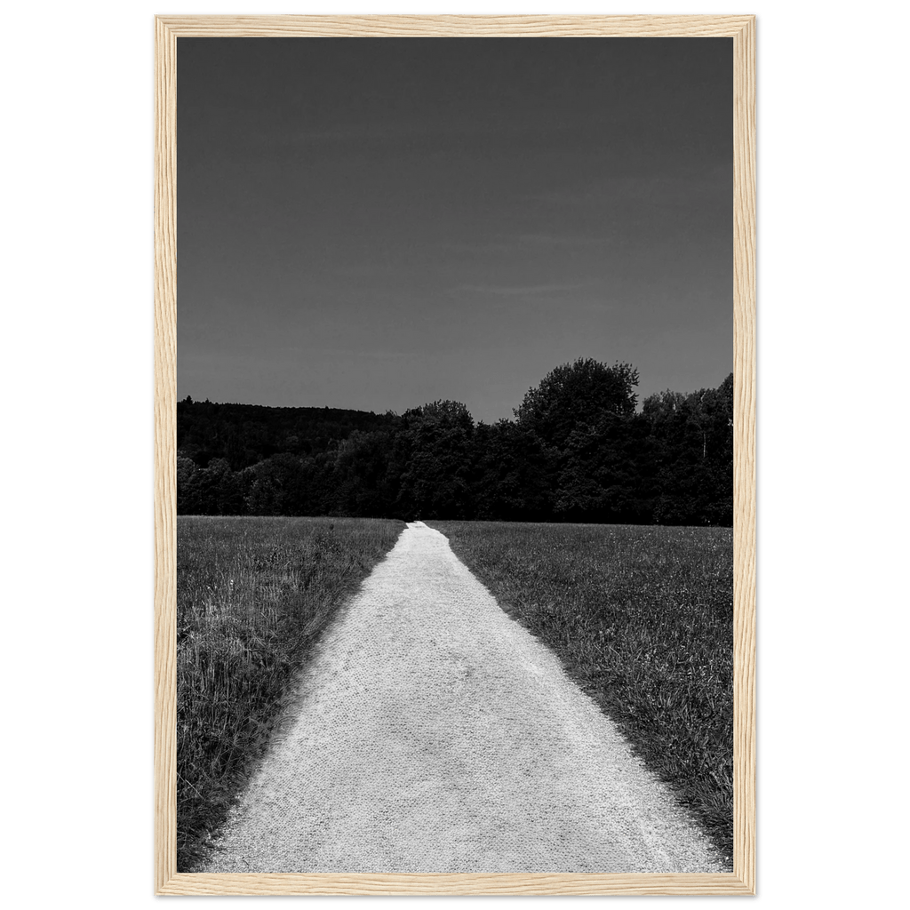 Black and white framed poster of a summer road scene, printed on premium semi-glossy paper, in a wooden frame from the Travel Collection.