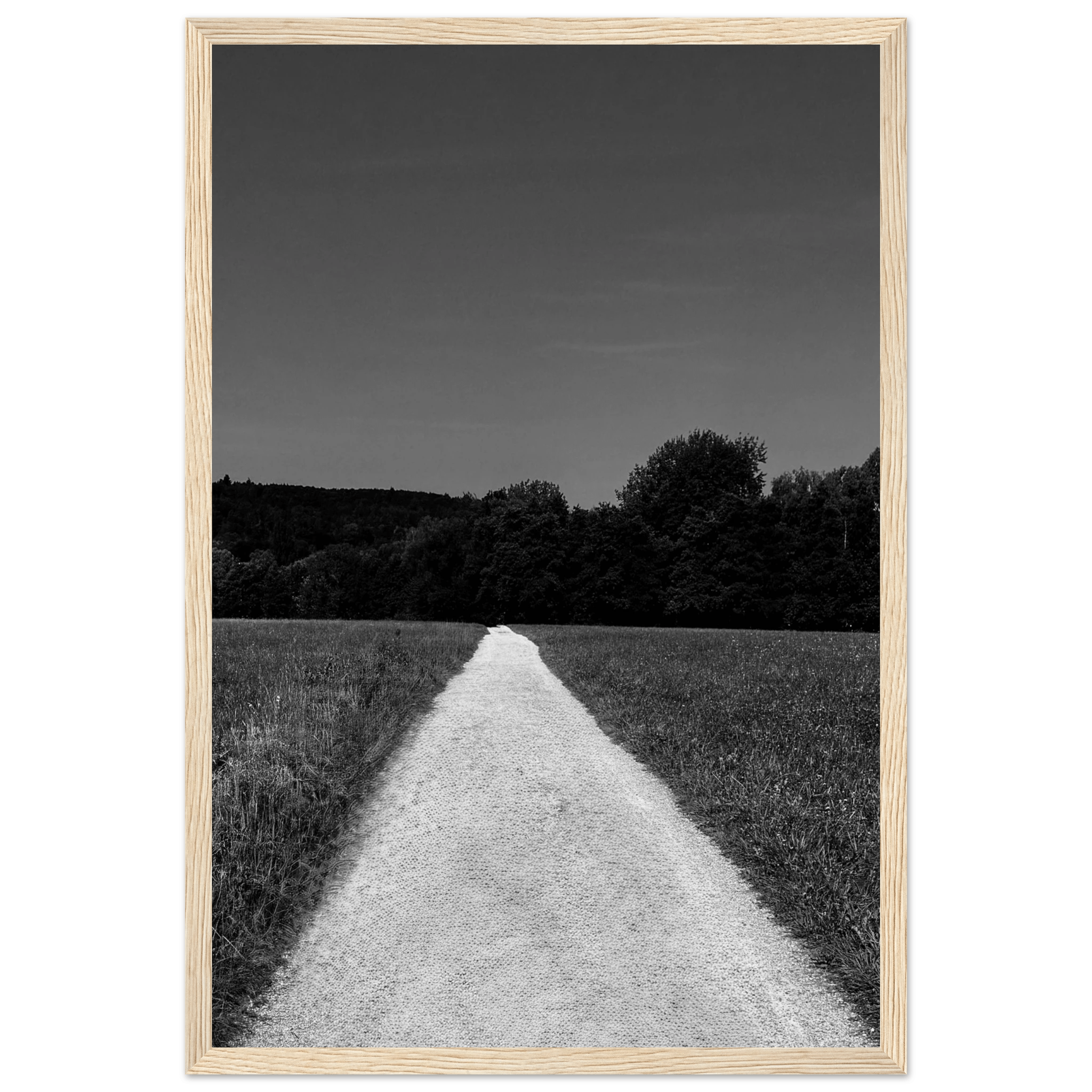 Black and white framed poster of a summer road scene from the Travel Collection, printed on premium semi-glossy paper.