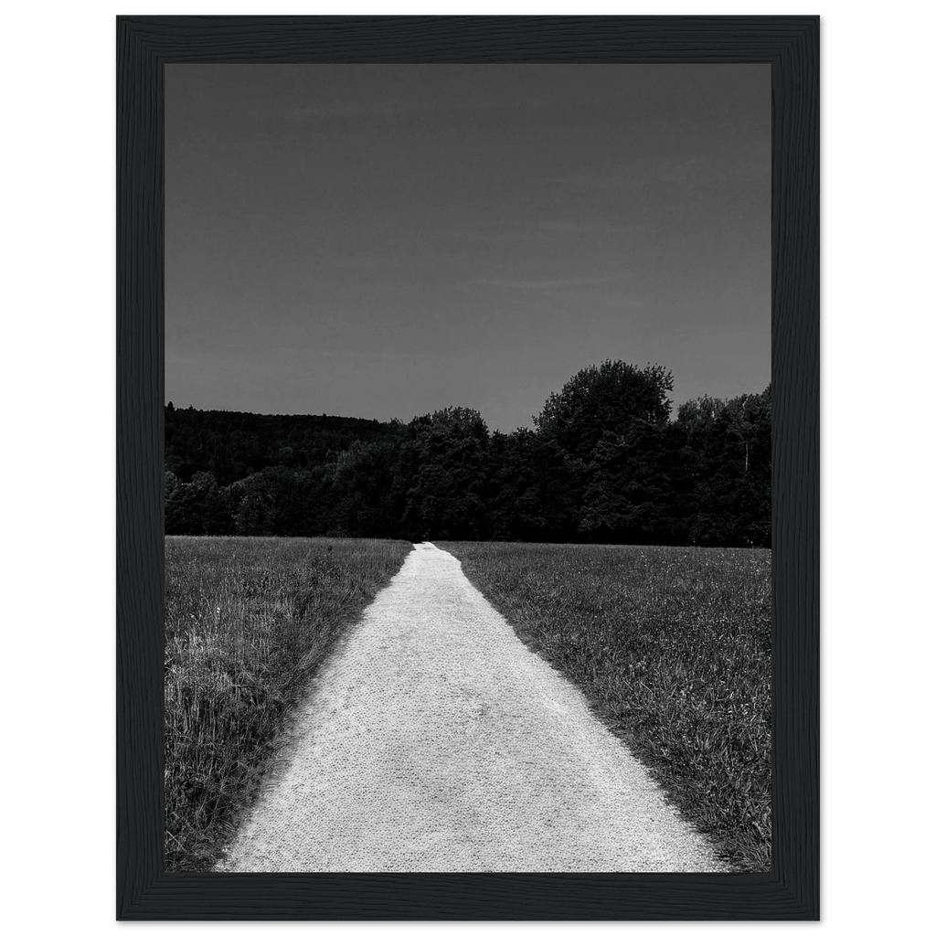 Black and white framed poster of a summer road scene, printed on premium semi-glossy paper, from the Travel Collection.