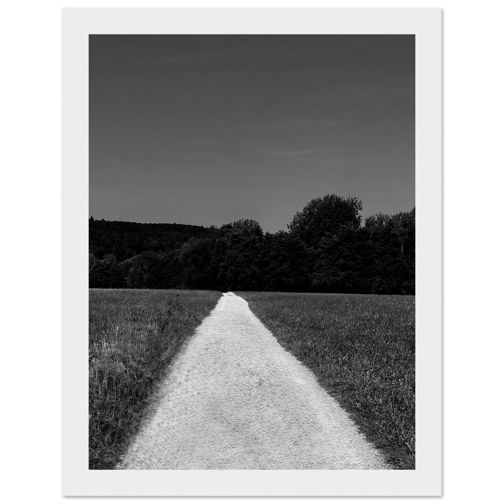 Black and white framed poster of a summer road scene from the Travel Collection, printed on premium semi-glossy paper.