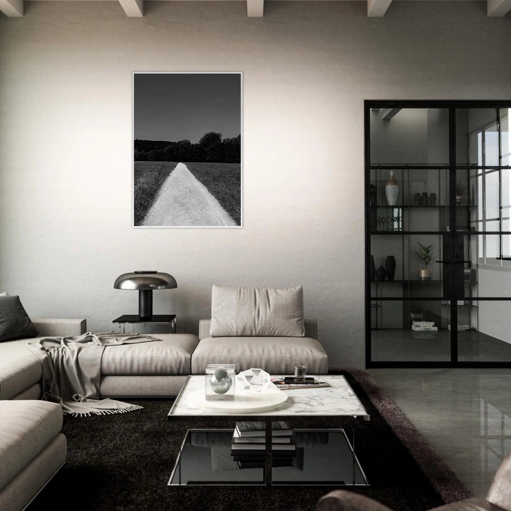 Black and white wooden framed poster of a summer road scene, part of the Studio Edition Travel Collection on semi-glossy paper.